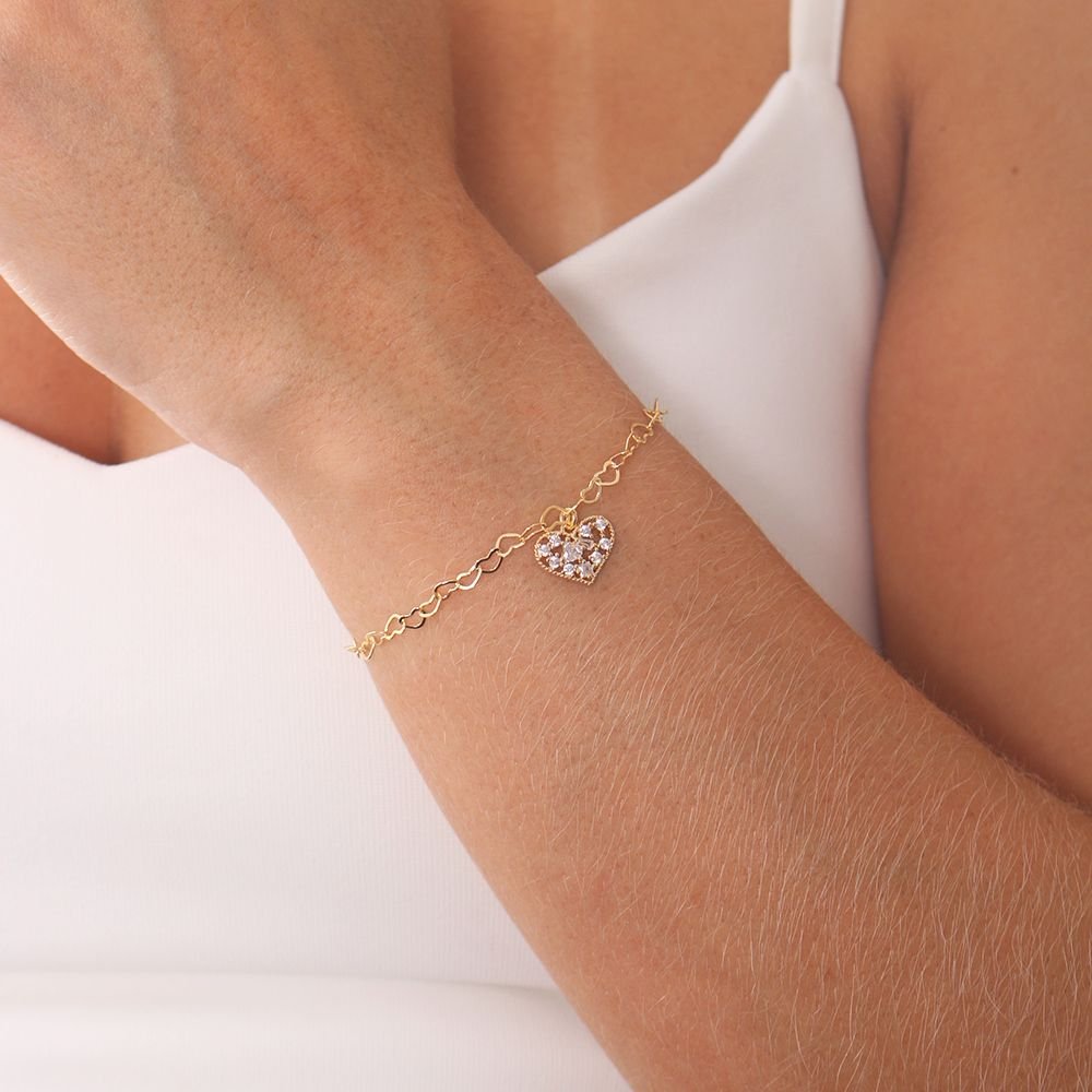 Pst-2990-Fo Pulseira De Elos De Corações E Coração Cravejado De Zircônias. Pst-2990-Fo Pulseira De Elos De Corações E Coração Cravejado De Zircônias.