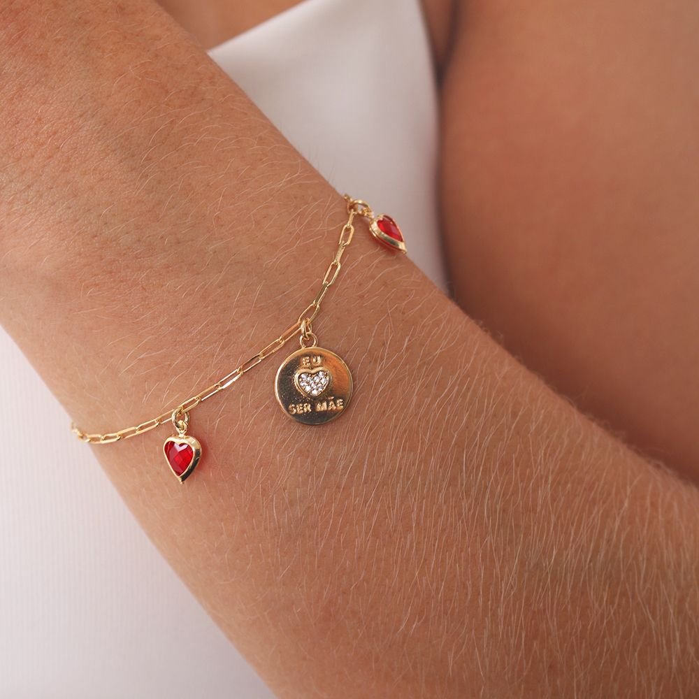 Pst-2992-Fo Pulseira Com Pingente Escrito Eu Ser Mãe Cravejada Com Zircônias Vermelha