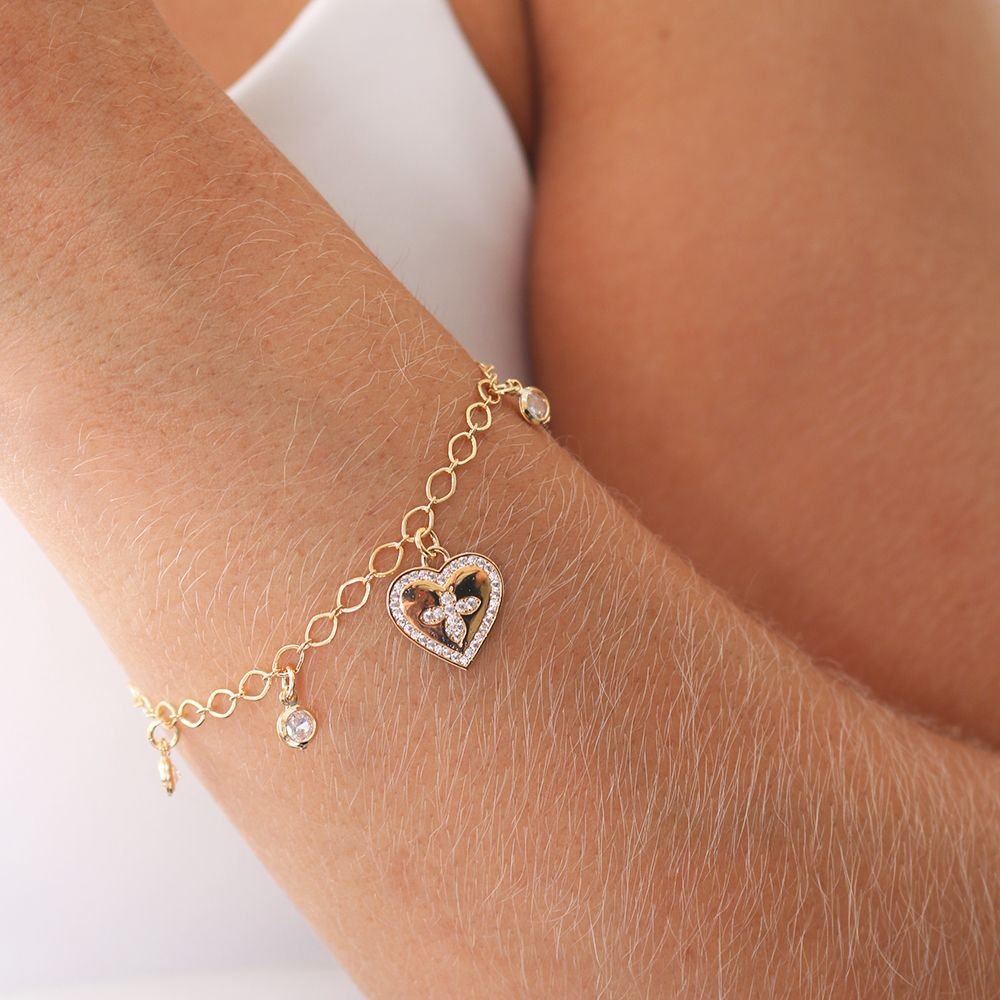 Pst-2995-Fo Pulseira De Elos Zircônias E Coração Com Cruz Cravejada De Zircônias. Pst-2995-Fo Pulseira De Elos Zircônias E Coração Com Cruz Cravejada De Zircônias.