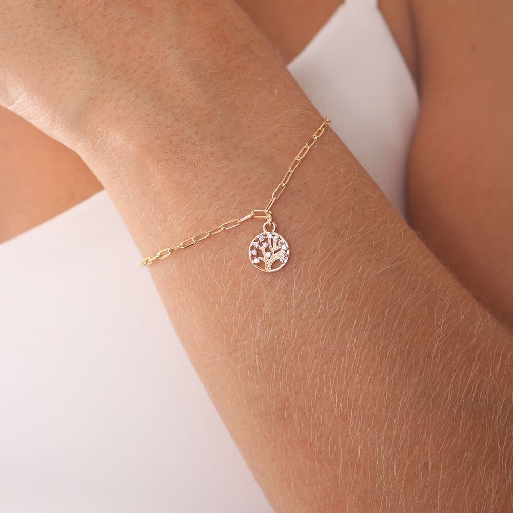 Pst-2998-Fo Pulseira De Elos E Árvore Da Vida Cravejada De Zircônias Cristal.