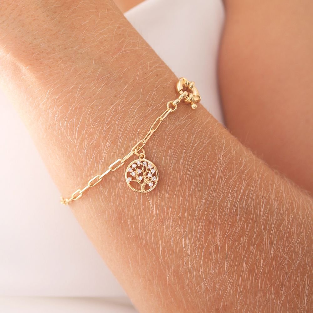 Pst-2999-Fo Pulseira De Elos Fecho Boia E Árvore Da Vida Cravejada De Zircônias.