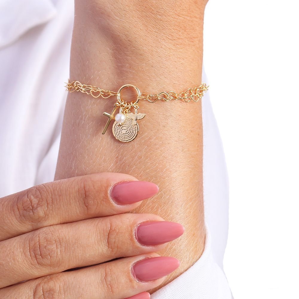 Pst-3021-Fo Pulseira Dupla Com Elos De Corações E Pingentes Religiosos 