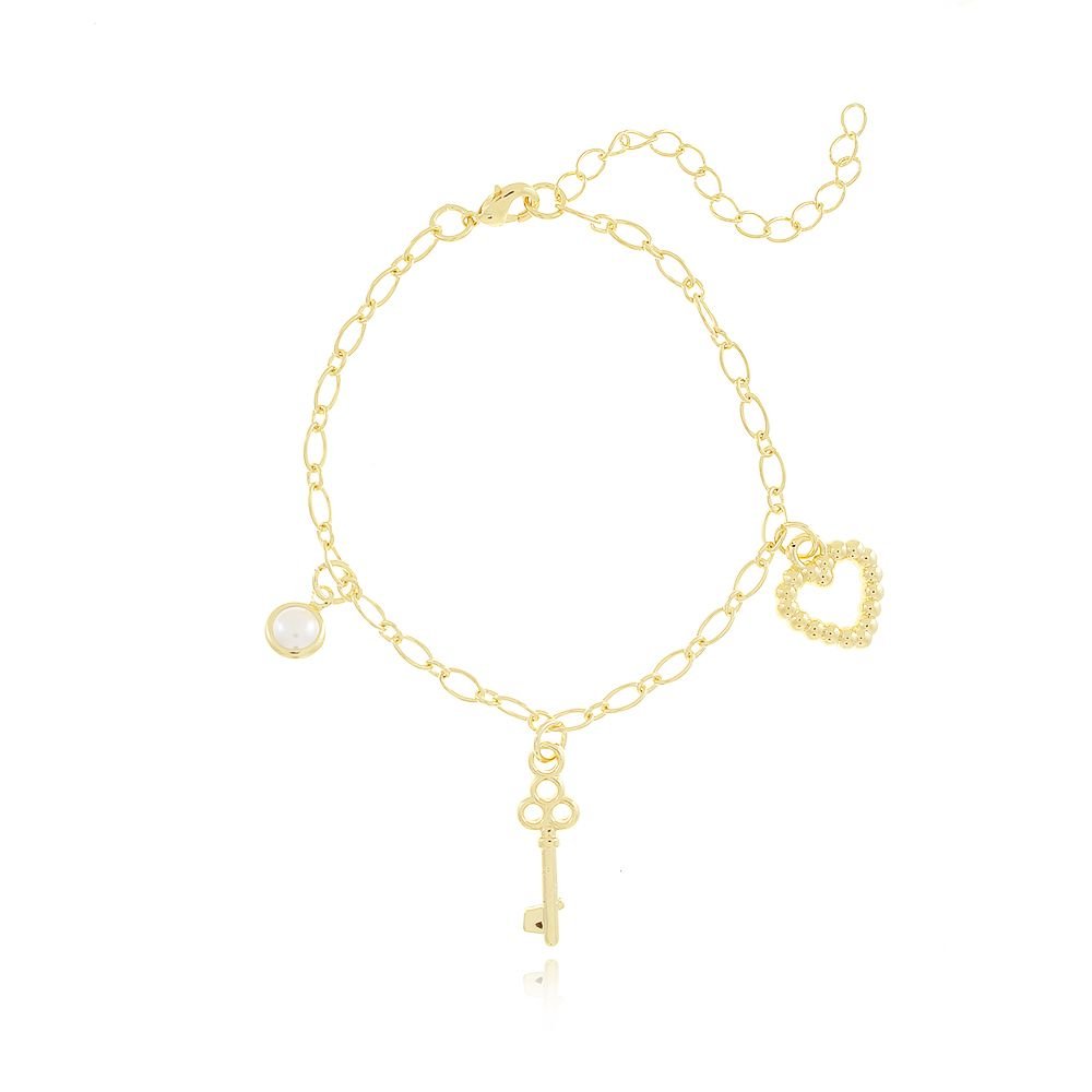 Pst-3060-Fo Pulseiras Com Pingentes De Coração Chave E Pérola