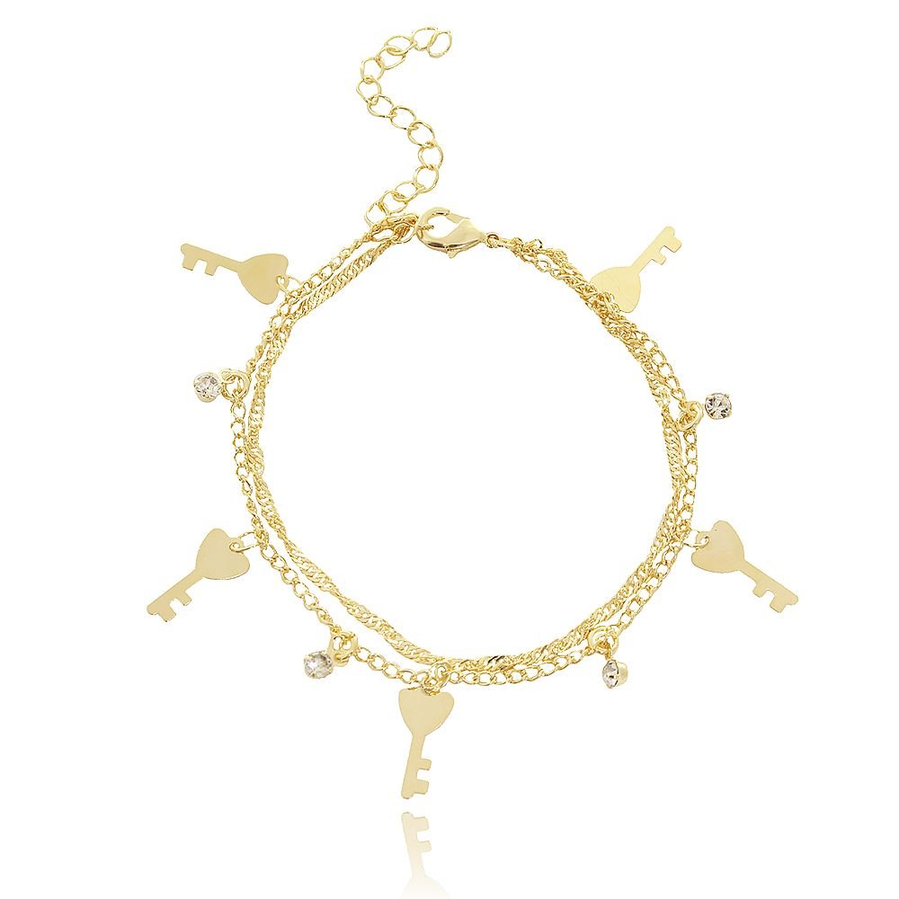 Pst-3137-Fo Pulseira Dupla Com Pingentes De Chave De Coração