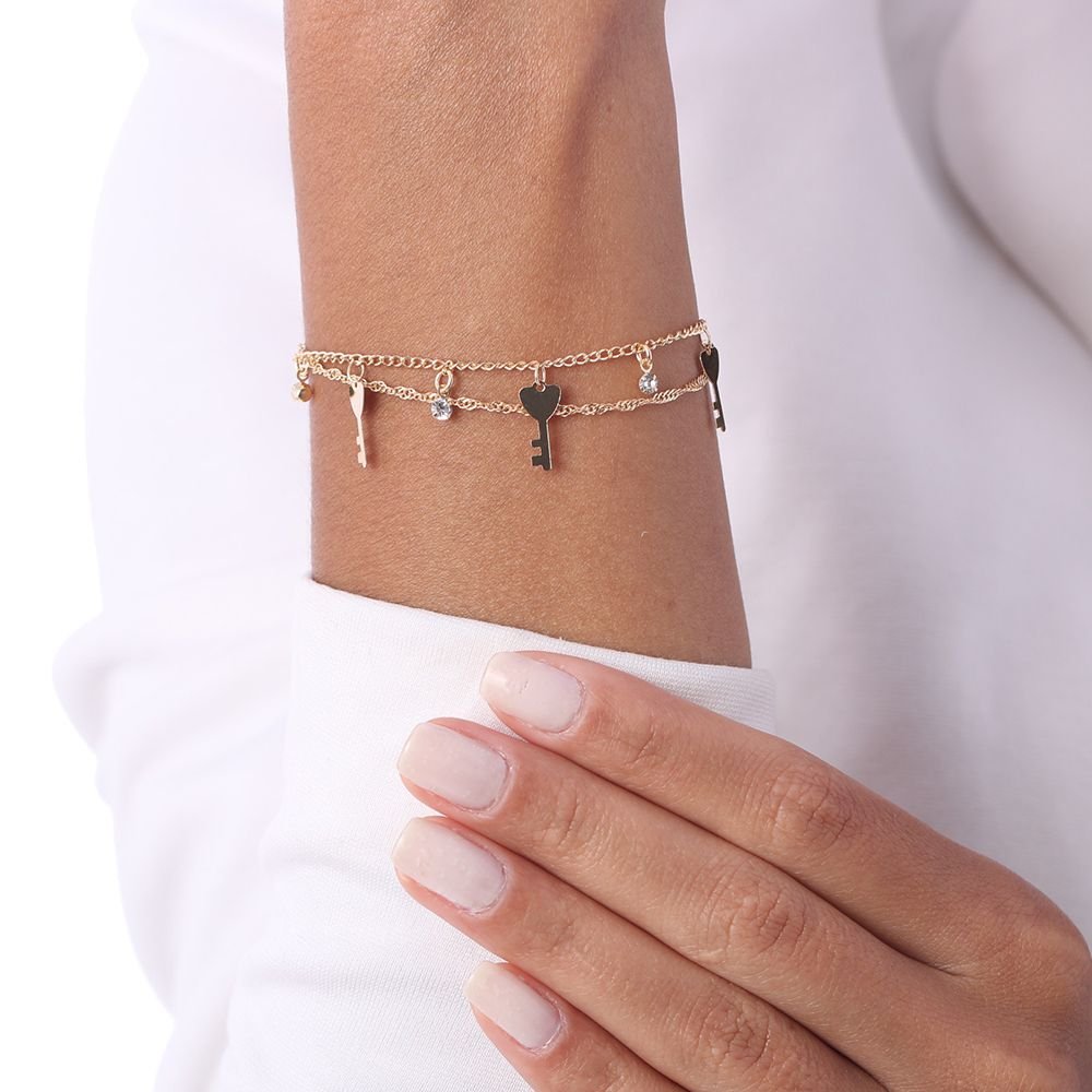 Pst-3137-Fo Pulseira Dupla Com Pingentes De Chave De Coração