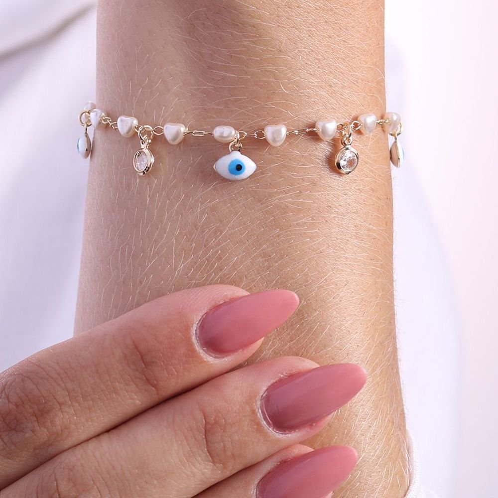 Pst-3255-Fo Pulseira De Olho Grego Com Pérola De Coracão E Zircônia