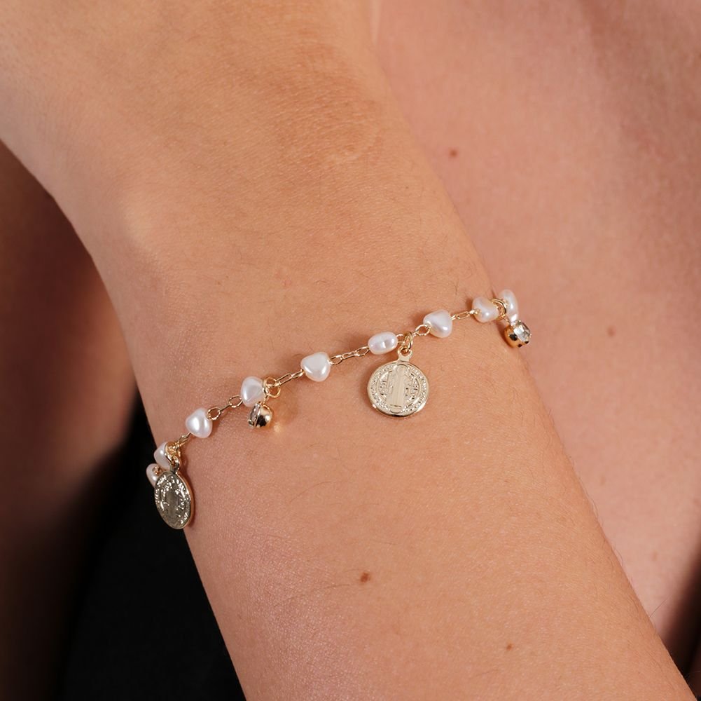 Pst-3256-Fo Pulseira Pérolas Corações E Medalhas De São Bento