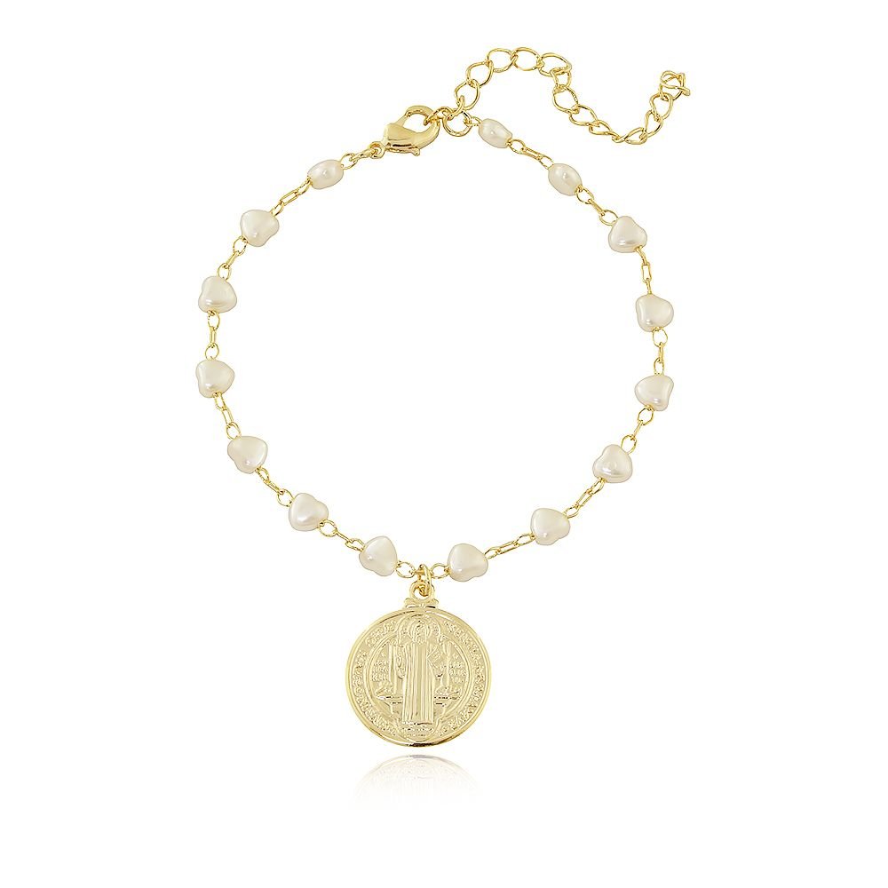 Pst-3257-Fo Pulseira Corações Em Pérolas E Medalha São Bento