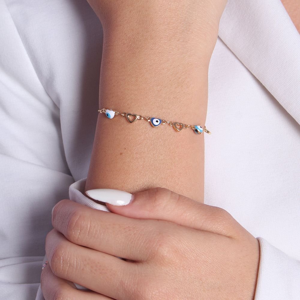 Pst-3261-Fo Pulseira Corações E Olho Grego