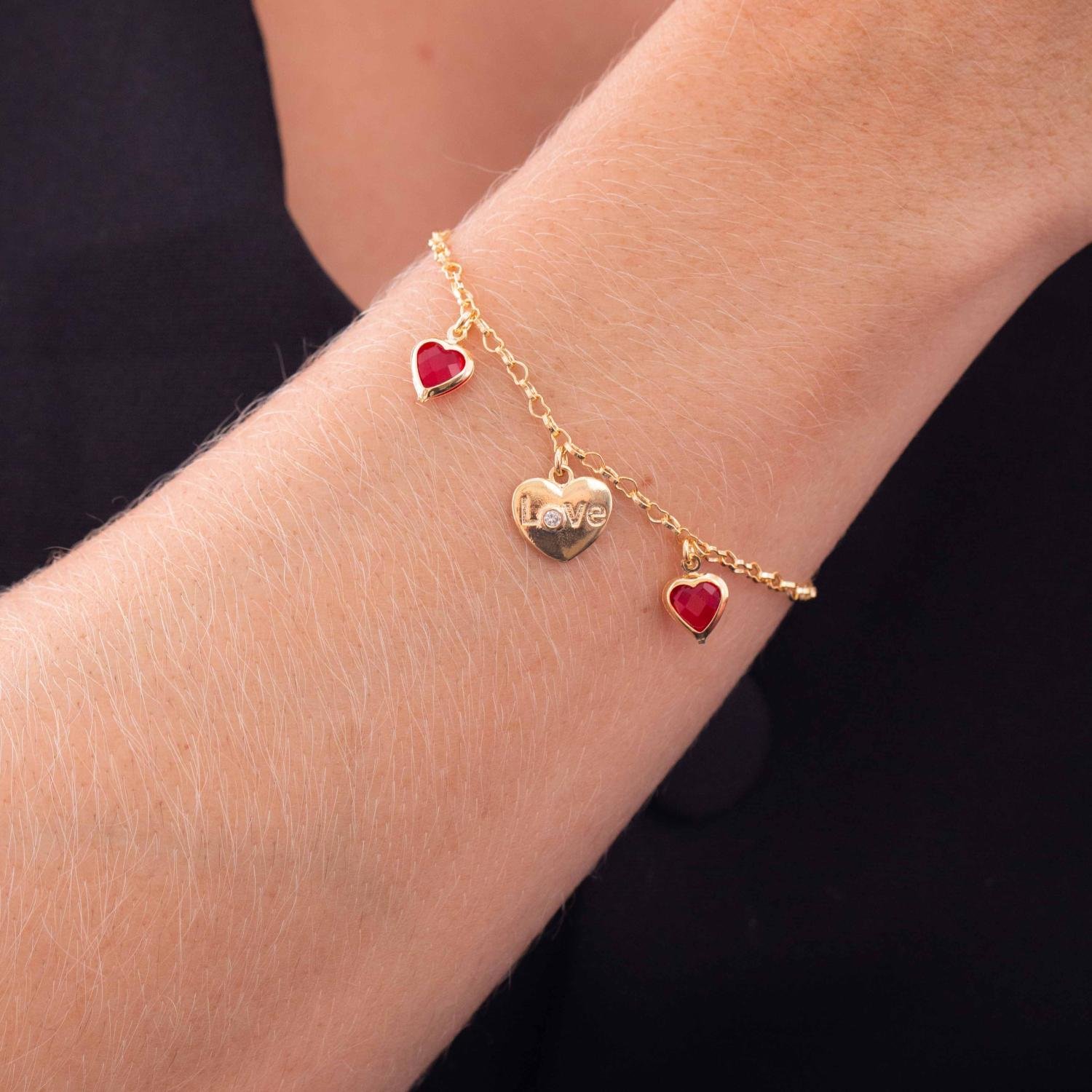 Pst-5070-Fo Pulseira Com Corações Cravejado De Zircônias Vermelha.