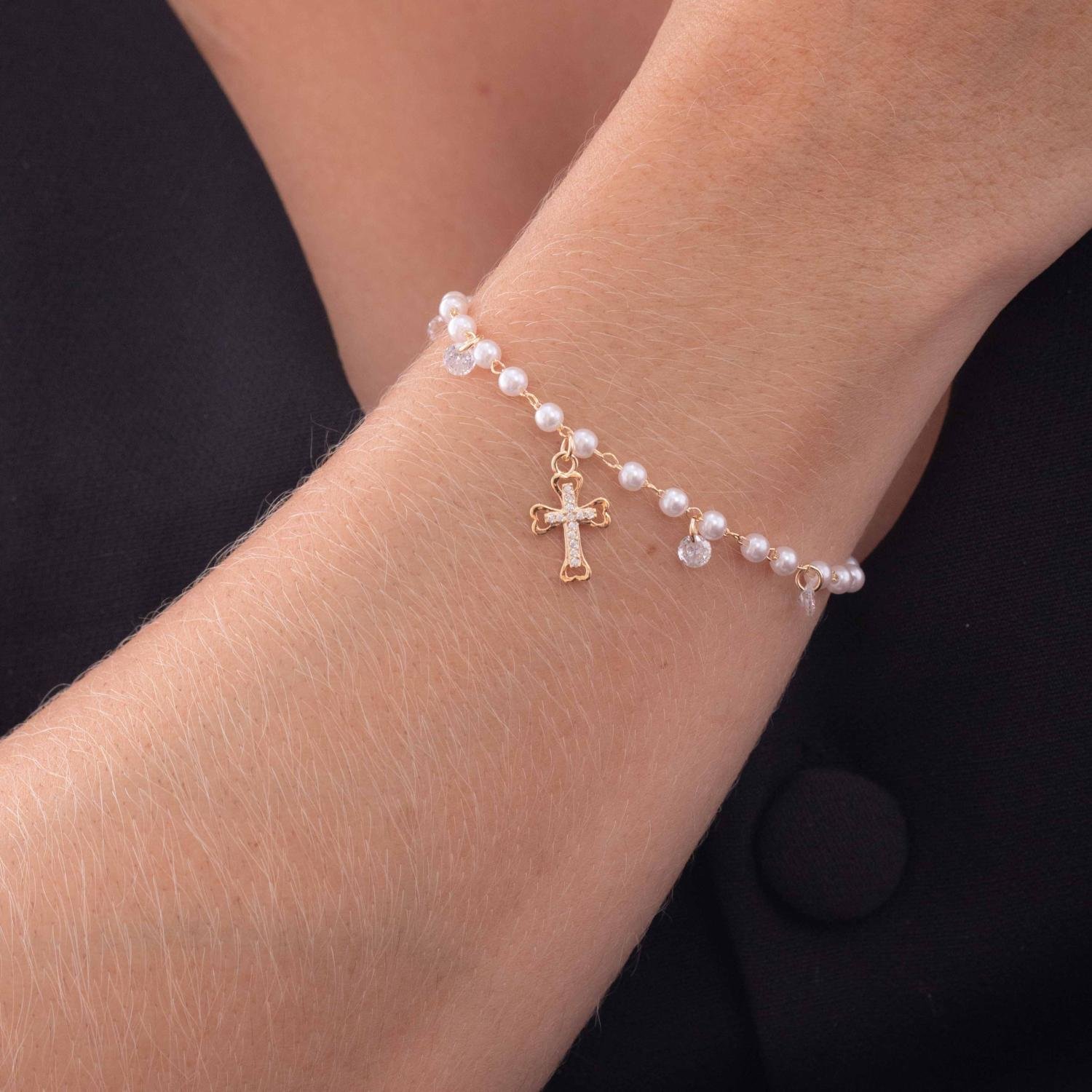 Pst-5074-Fo Pulseira De Pérolas Com Pingente De Cruz E Zirônias.&Nbsp;