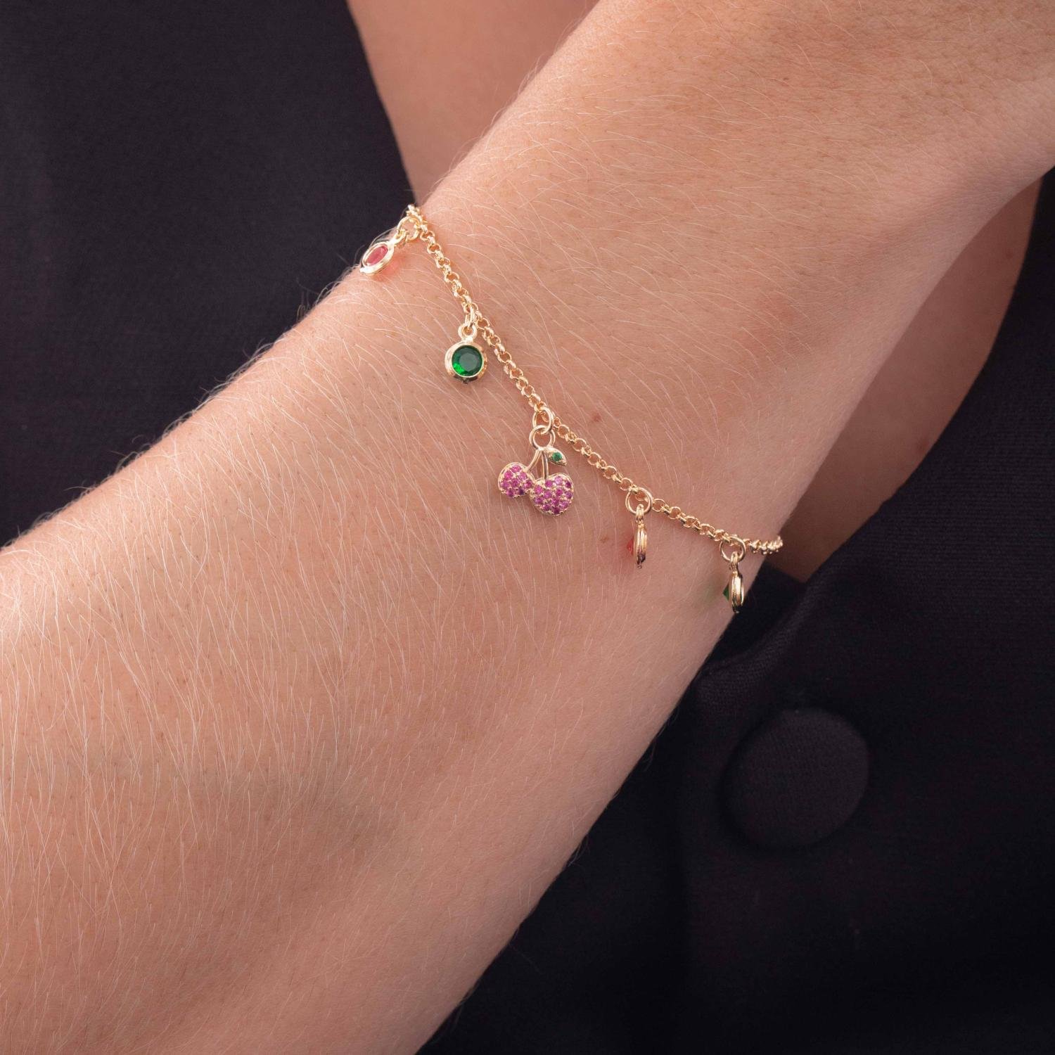 Pst-5075-Fo Pulseira Com Pingente De Cereja Cravejado E Zircônias Fúcsia+Verde.