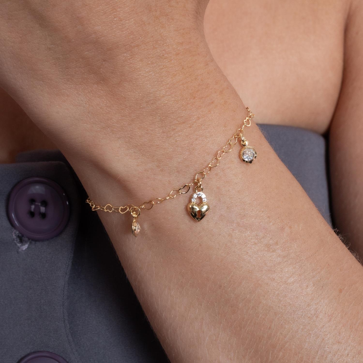 Pst-5154-Fo Pulseira Elos De Coraçôes Com Pingentes De Cadeado De Coração E Zircônias Cristais.