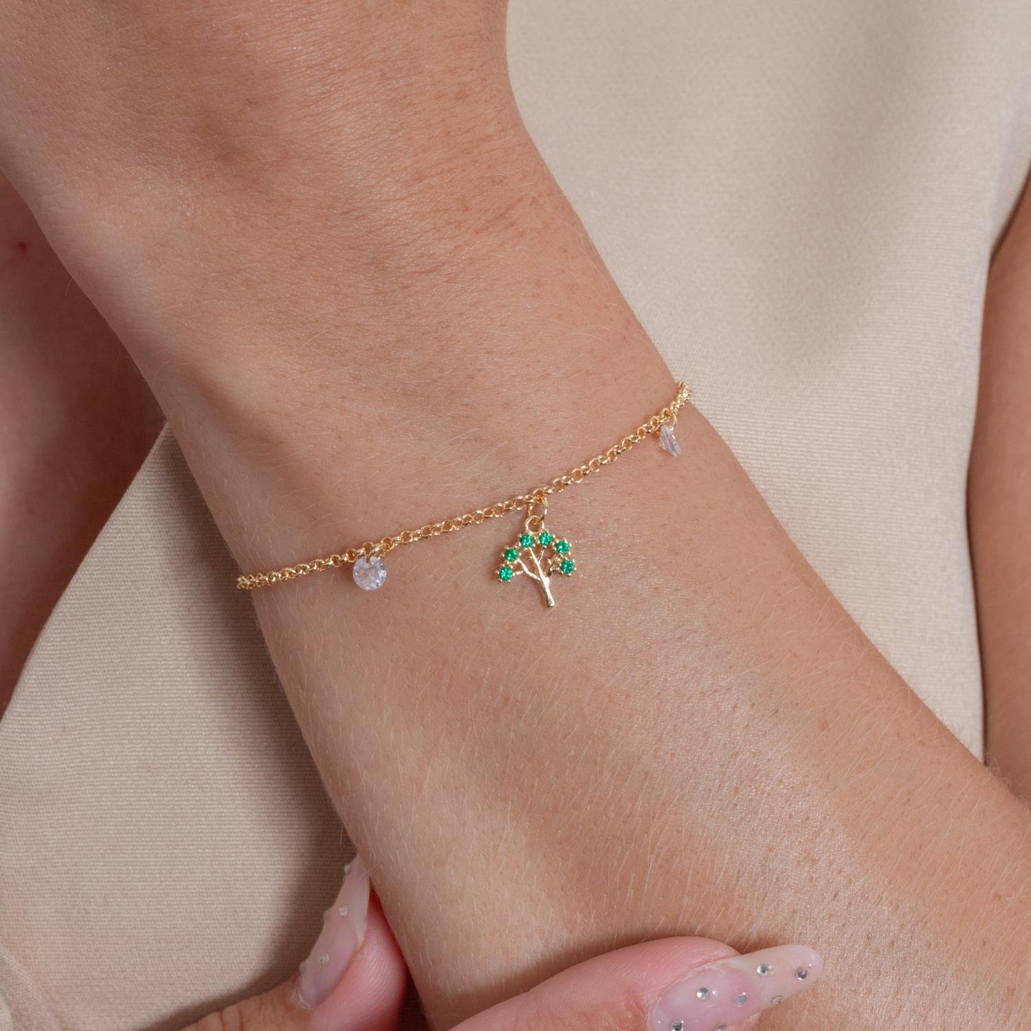 Pst-5168-Fo Pulseira Árvore Da Vida Crvaejada Verde Esmeralda E Zircônias Cristais.