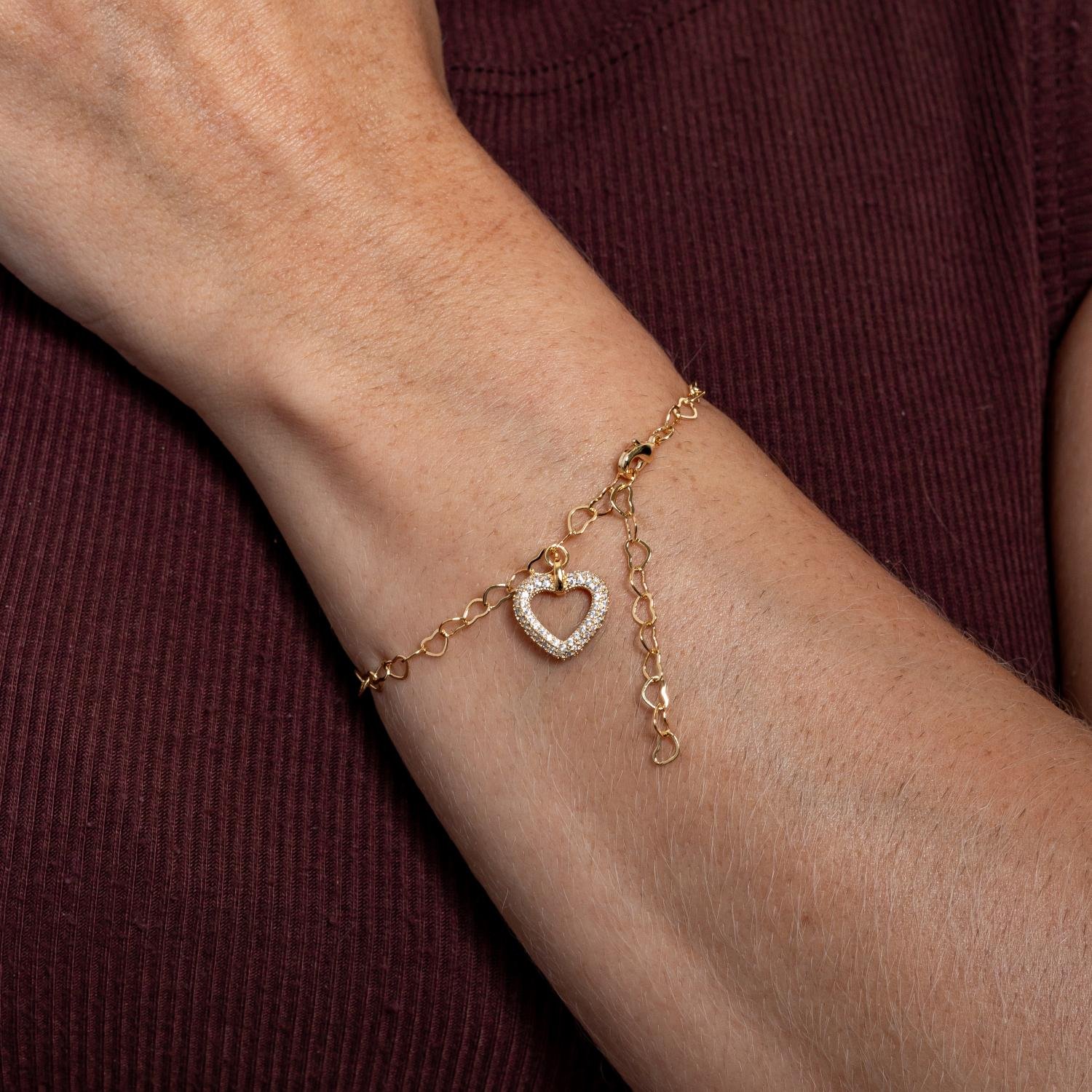 Pst-5173-Fo Pulseira De Elos De Corações E Pingente De Coração Cravejado Cristal.