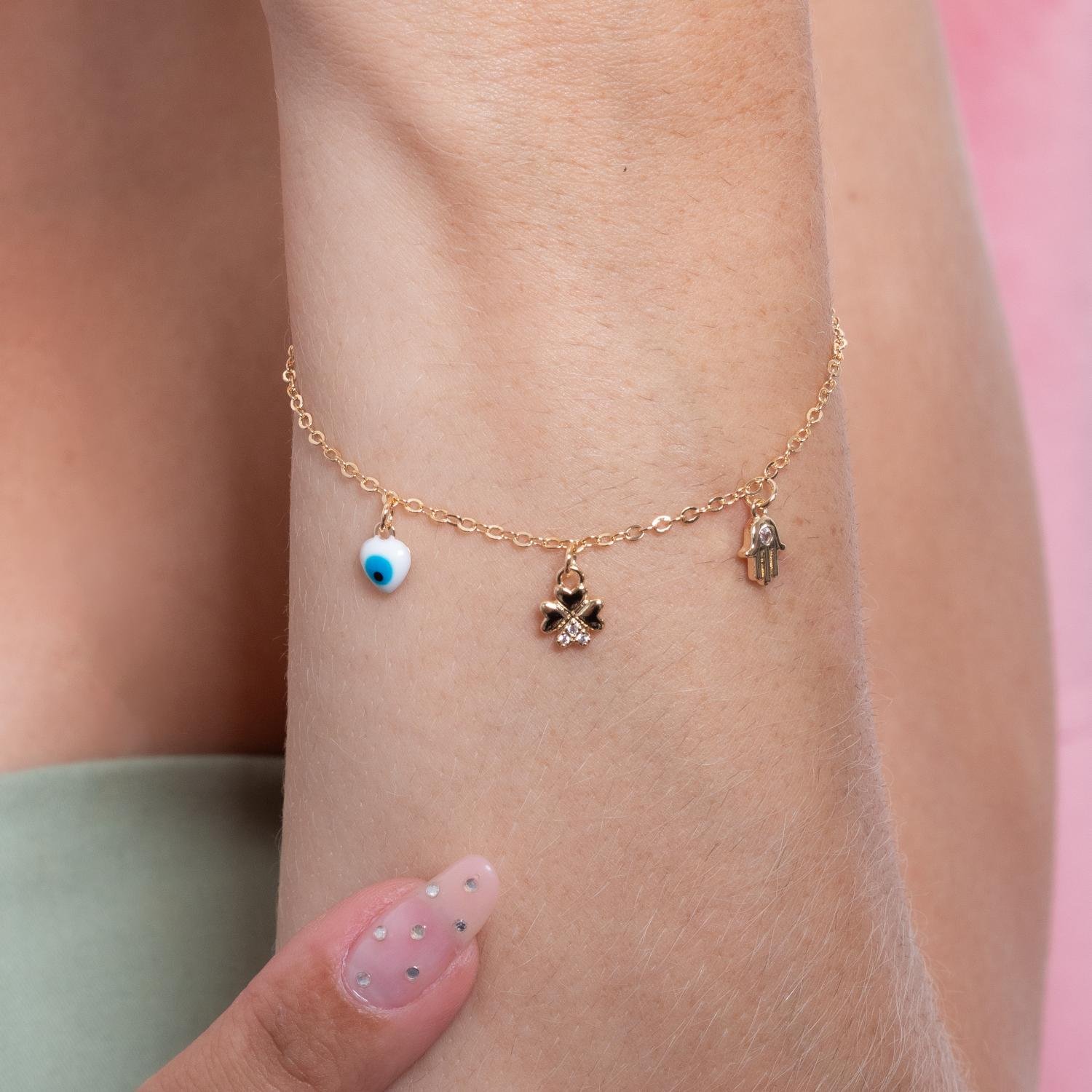 Pst-5182-Fo Pulseira Proteção Com Trevo, Mão De Fátima E Olho Grego.