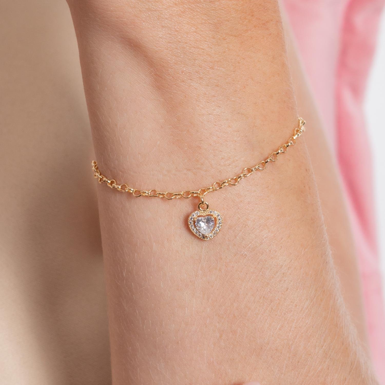 Pst-5183-Fo Pulseira Elinhos Com Pingente De Coração Cristal.
