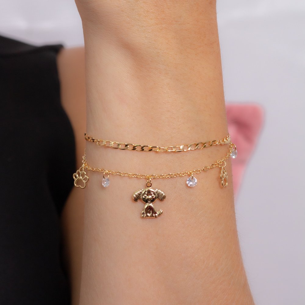 Pst-5193-Fo Pulseira Dupla Com Pingente De Cachorro, Patinha E Zircônias Cristais.