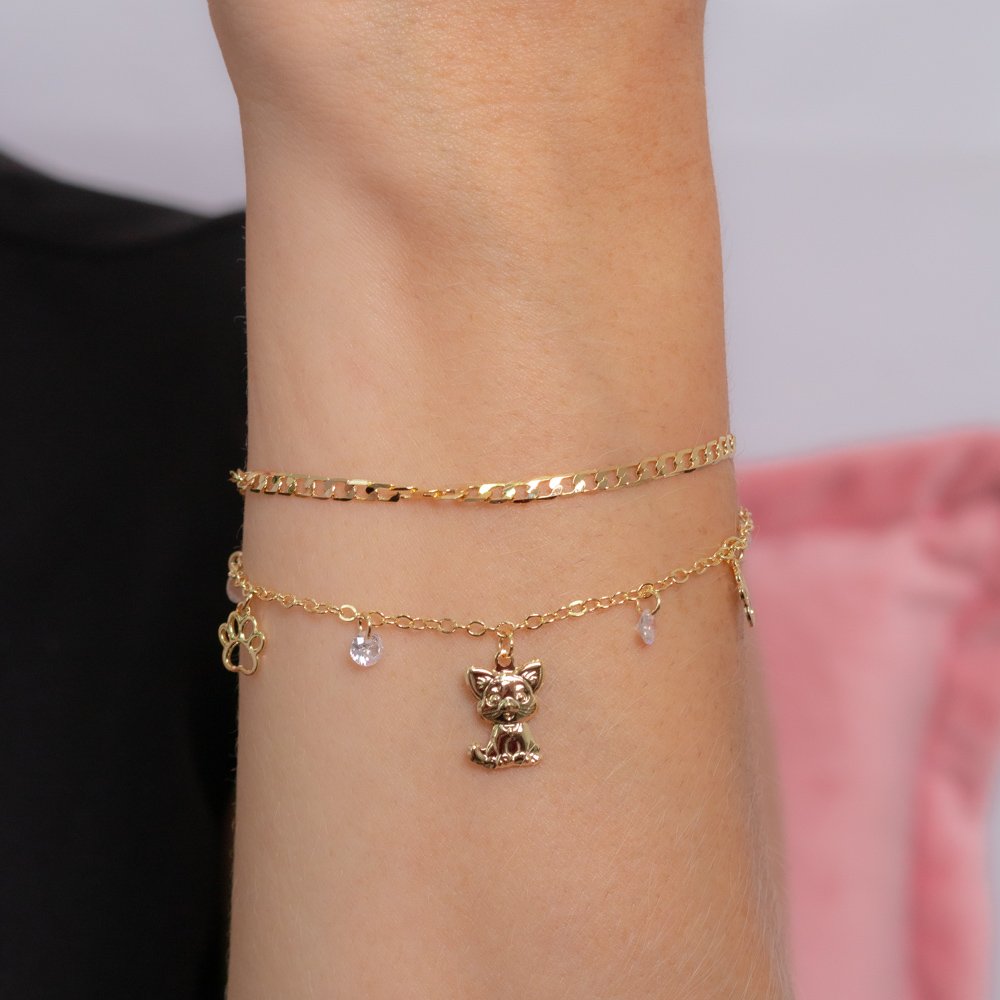 Pst-5194-Fo Pulseira Dupla Com Pingente De Cachorro, Patinha E Zircônia Cristal.