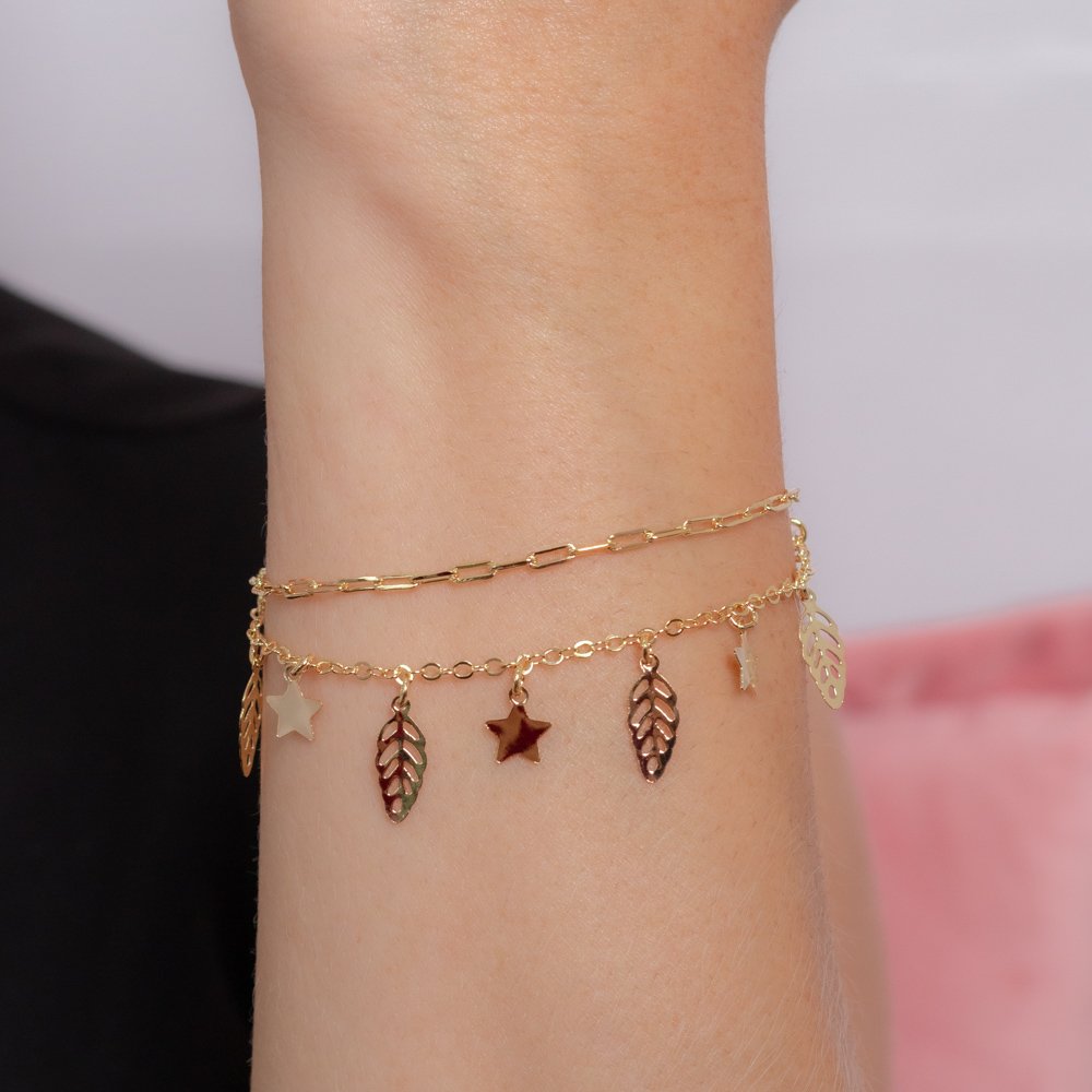 Pst-5198-Fo Pulseira Dupla Com Pingentes De Estrelas E Folhas.