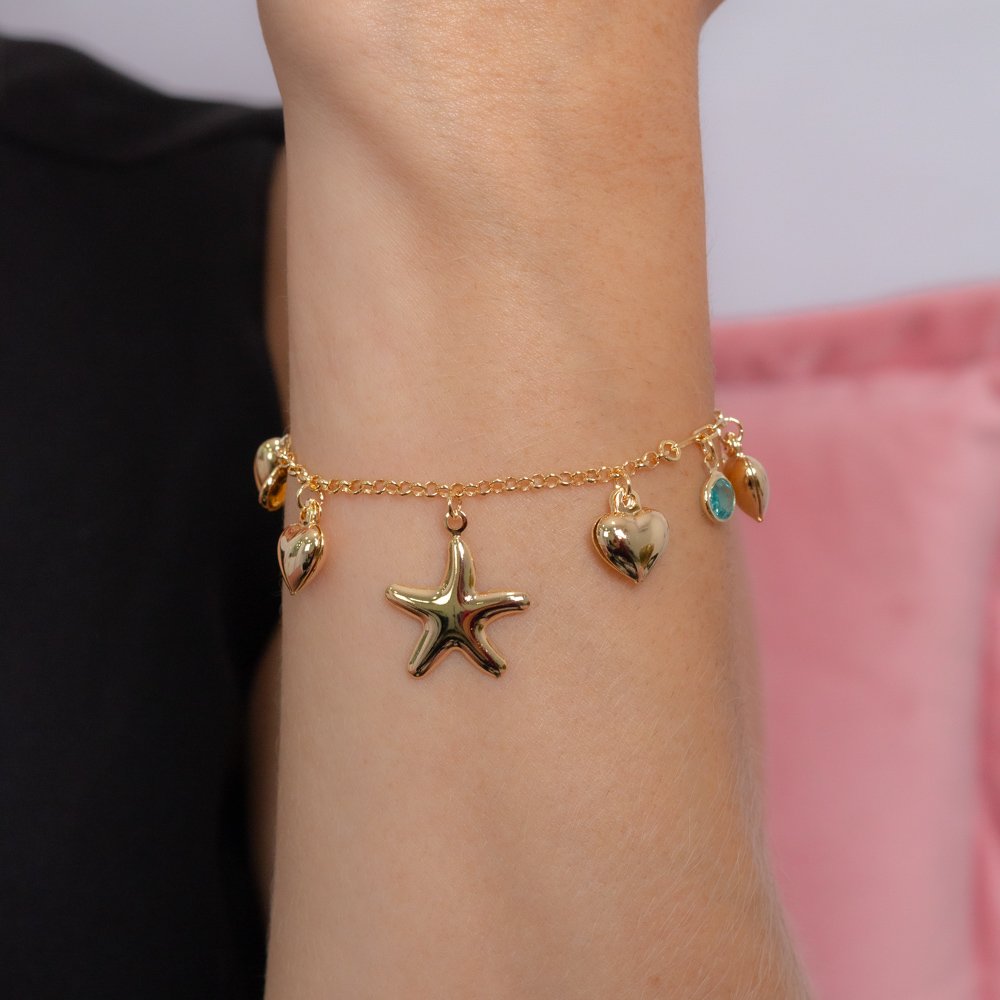 Pst-5199-Fo Pulseira Com Pingentes De Estrela, Corações E Zircônias Coloridas.