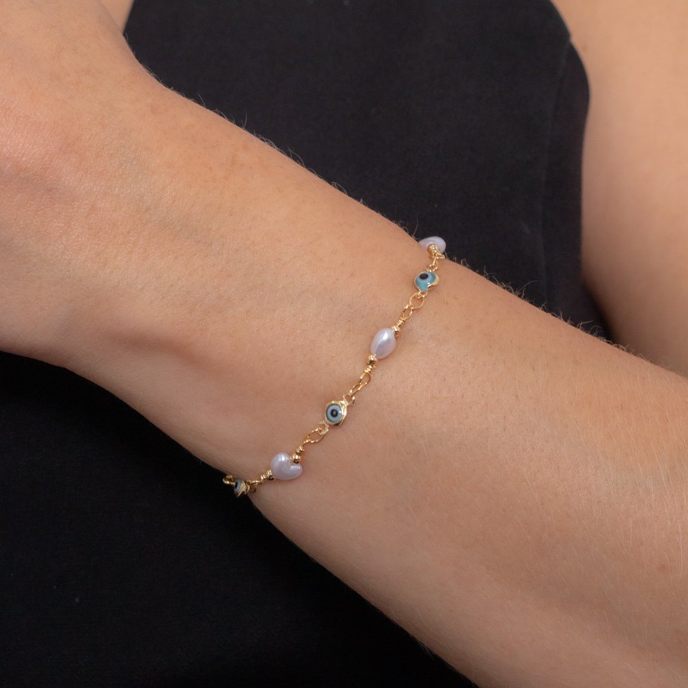 Pst-5200-Fo Pulseira Olho Grego E Corações De Perola.
