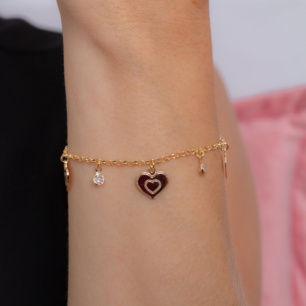 Pst-5203-Fo Pulseira Com Pingentes De Corações E Zircônia Cristal