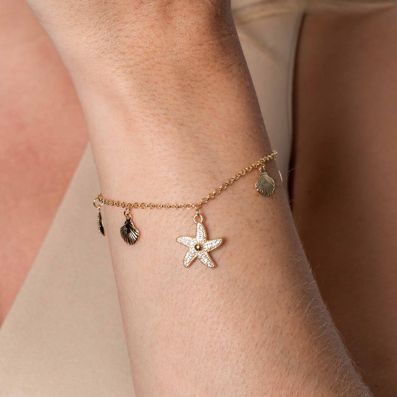 Pst-5233-Fo Pulseira Com Pingentes De Estrela Do Mar Cristal E Conchas.