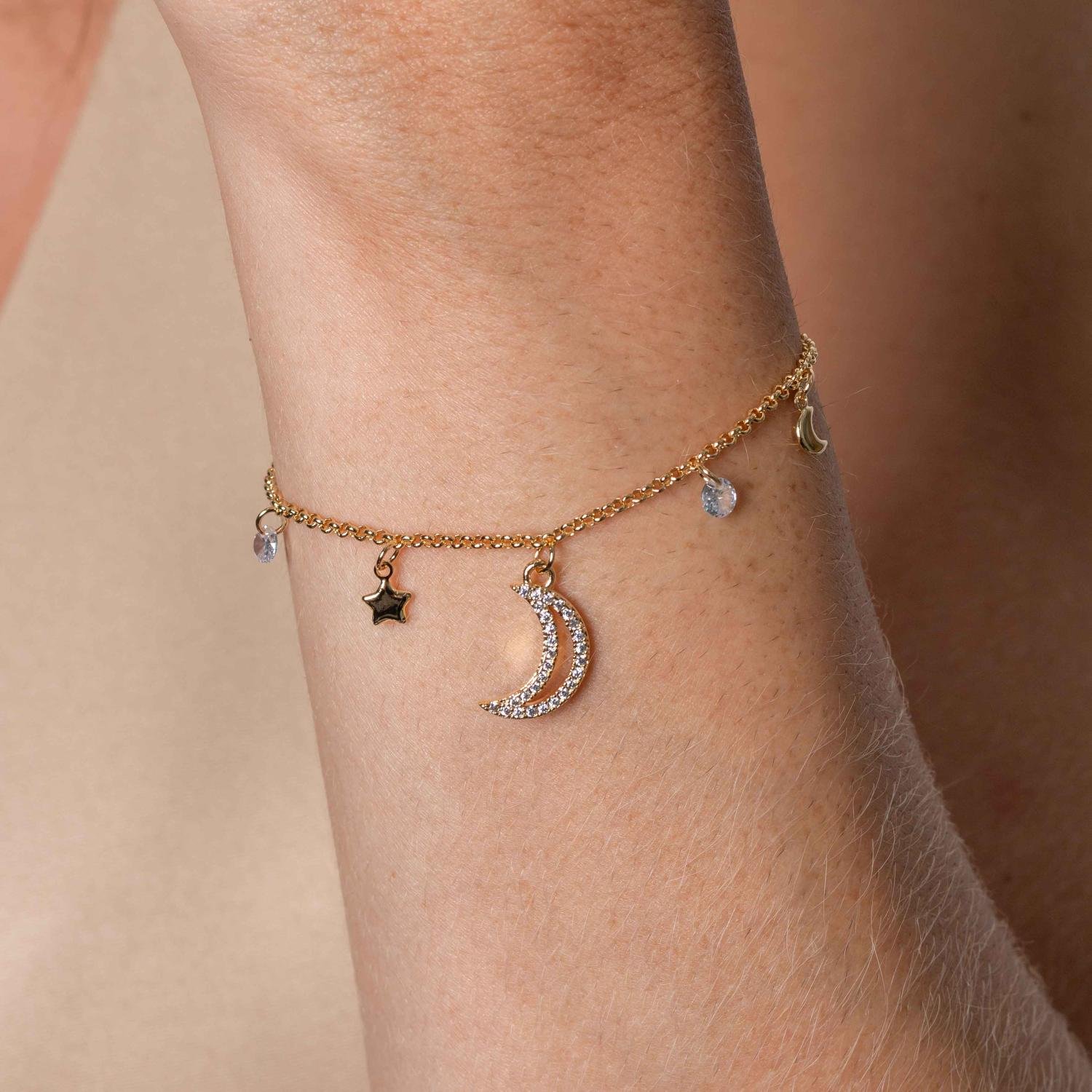 Pst-5235-Fo Pulseira Com Pingentes De Lua Cravejado Cristal, Estrelinha E Zircônias Cristal.