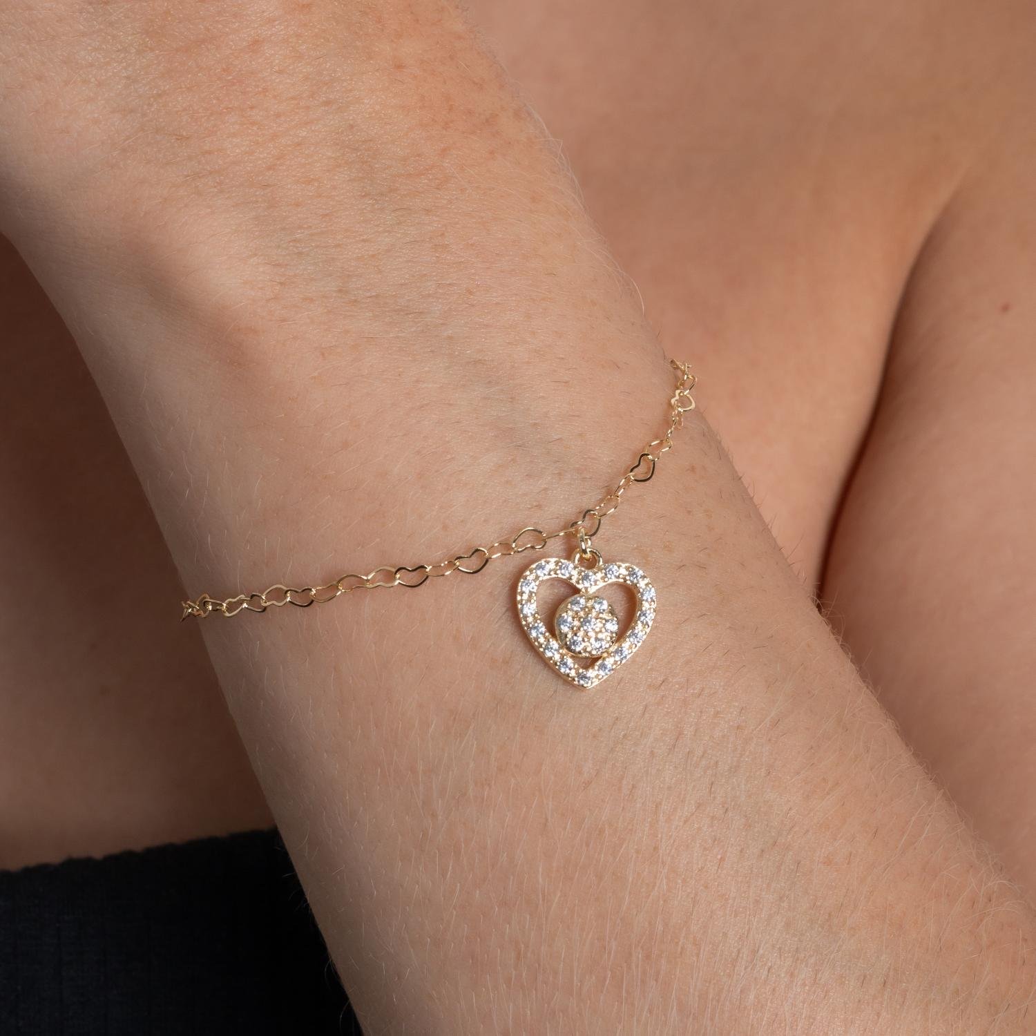 Pst-5244-Fo Pulseira Elinhos De Corações Com Pingente De Coração Cristal.