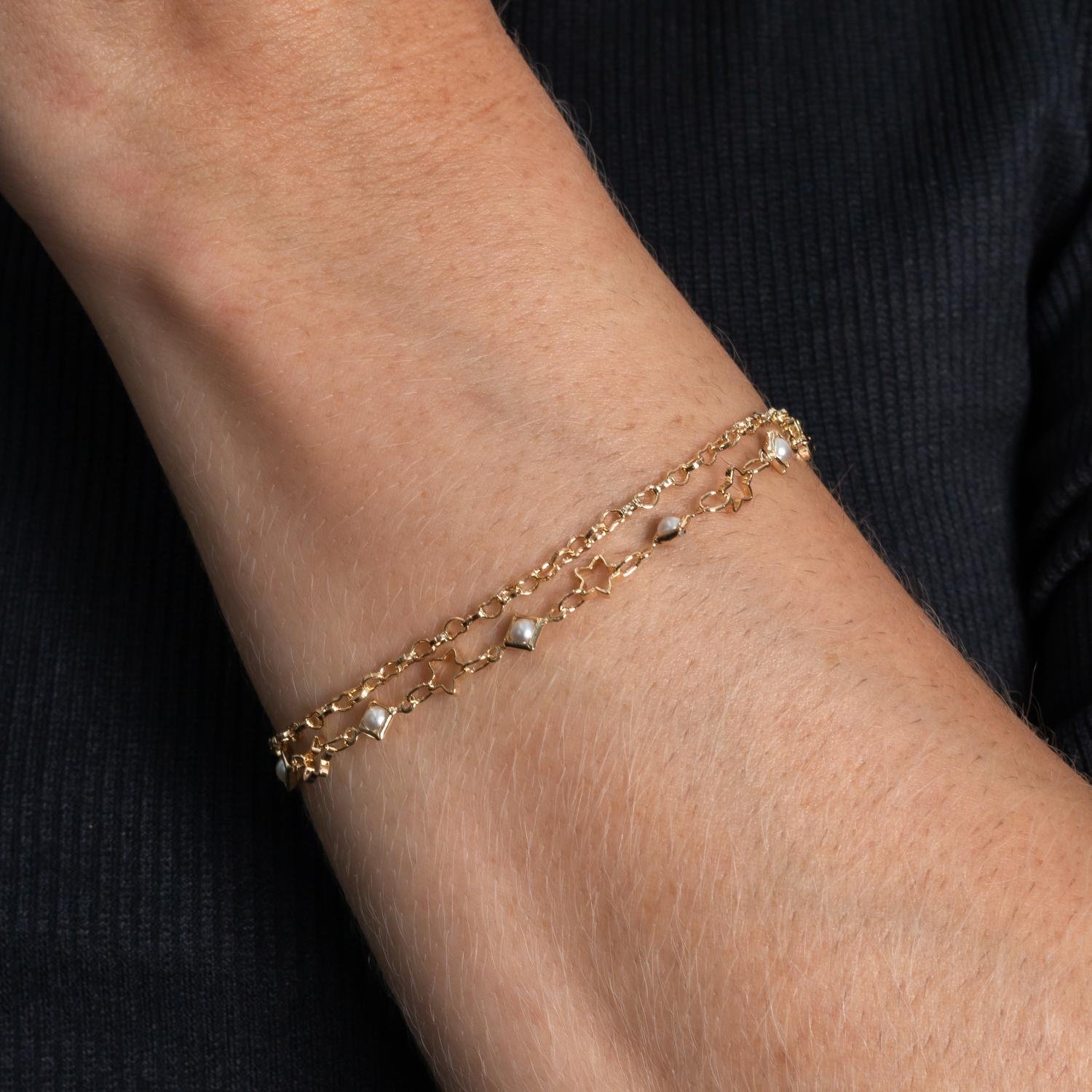 Pst-5249-Fo Pulseira Fio Duplo Com Elinho De Coração, Estrelas E Pérolas.