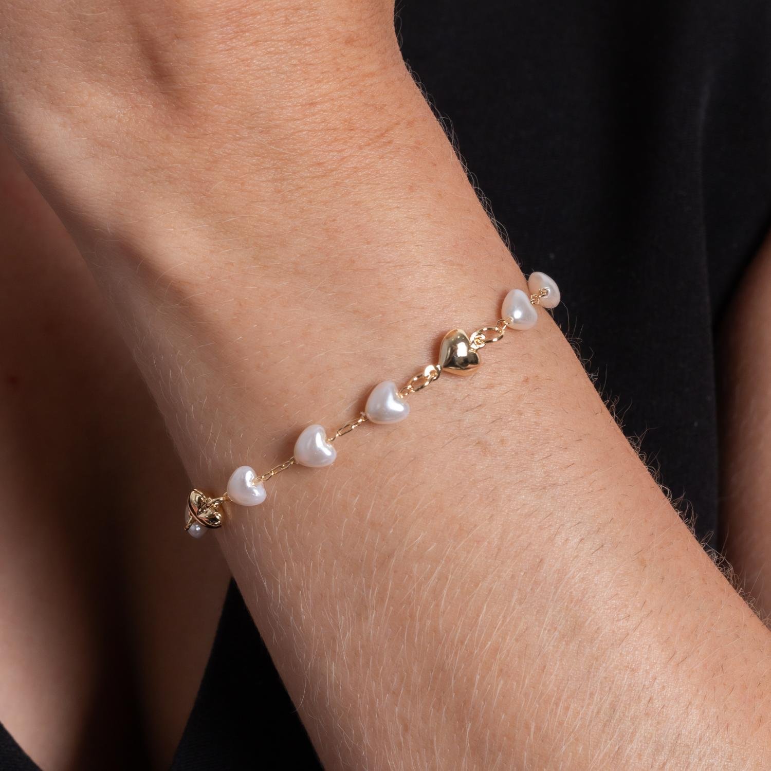 Pst-5259-Fo Pulseira De Corações Lisos E De Pérolas.