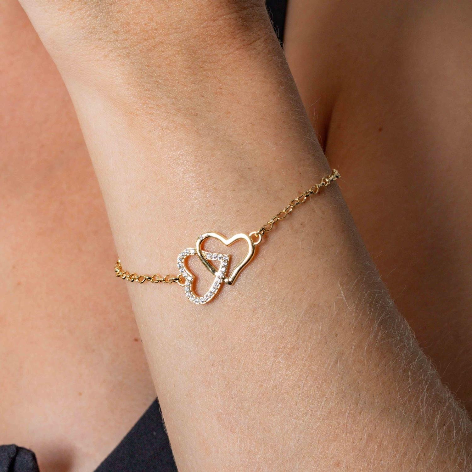 Pst-5272-Fo Pulseira Elinho Com Coraçôes Entrelaçados Cristal E Liso.