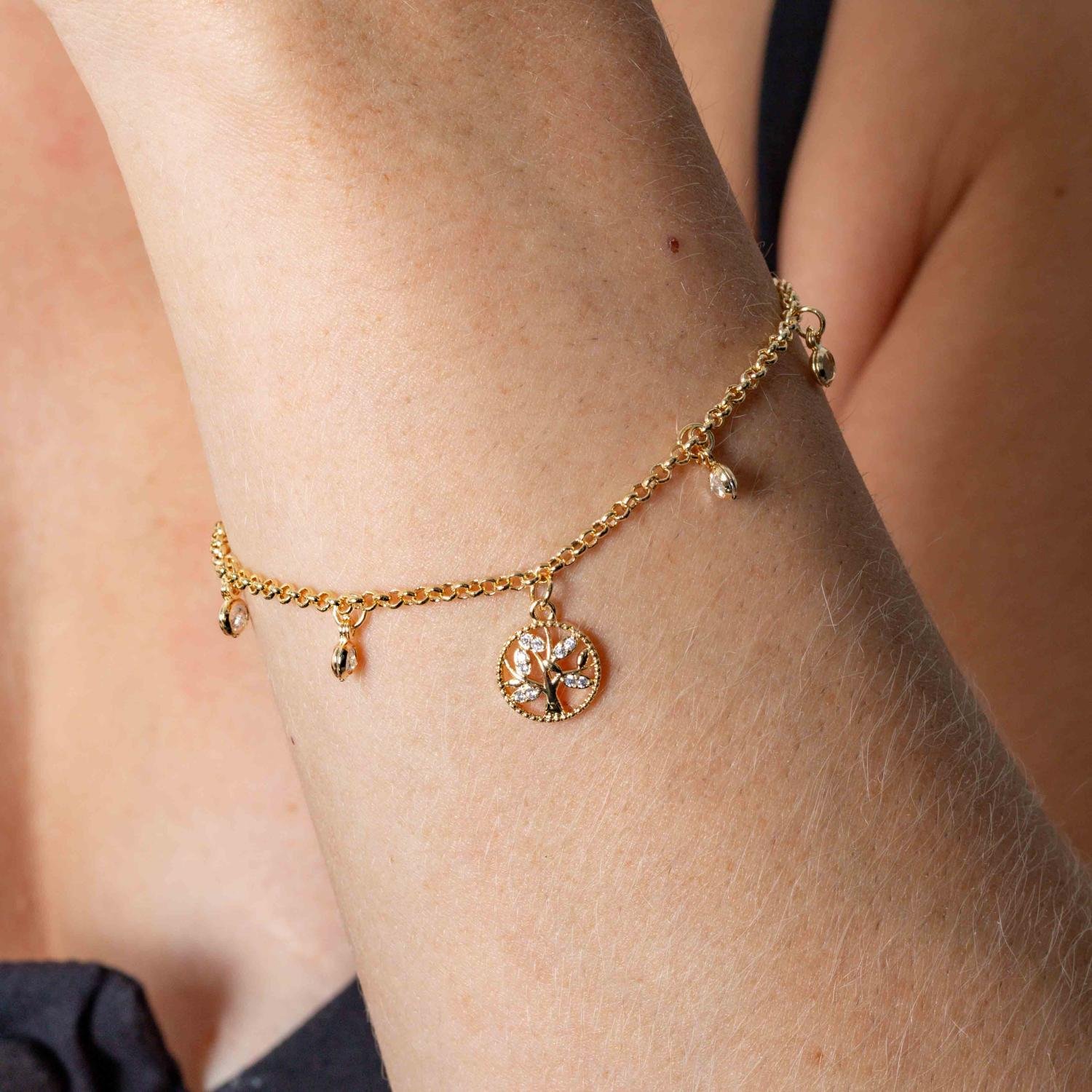 Pst-5290-Fo Pulseira Com Pingentes De Árvore Da Vida E Zircônias Cristais.