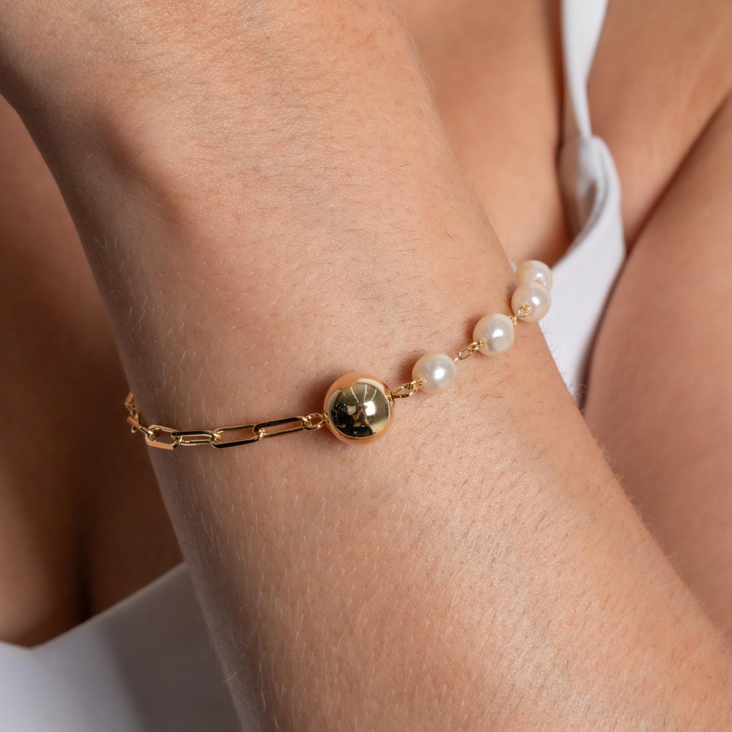 Pst-5291-Fo Pulseira Metade Pérolas E Metade Elos Com Bolinha.