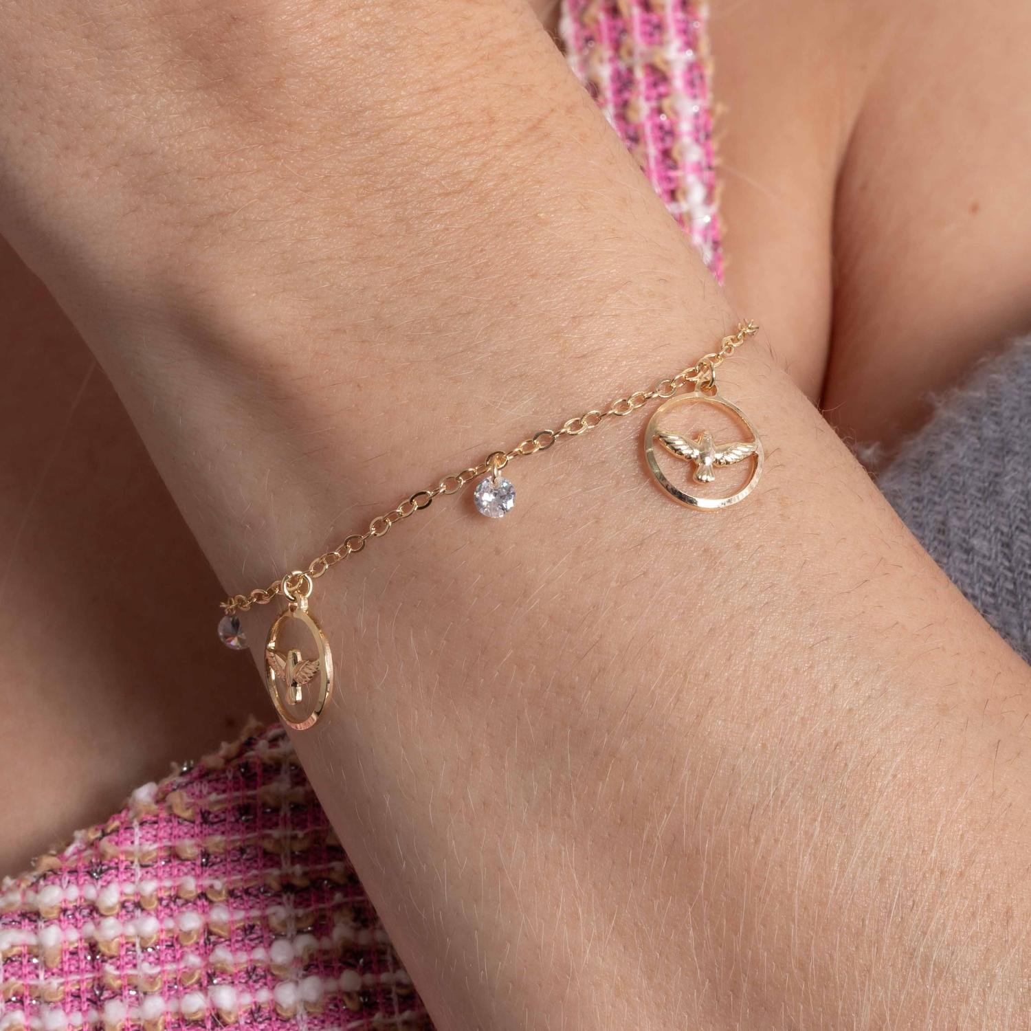 Pst-5361-Fo Pulseira Com Pingentes De Espírito Santo E Zircônias Cristais.