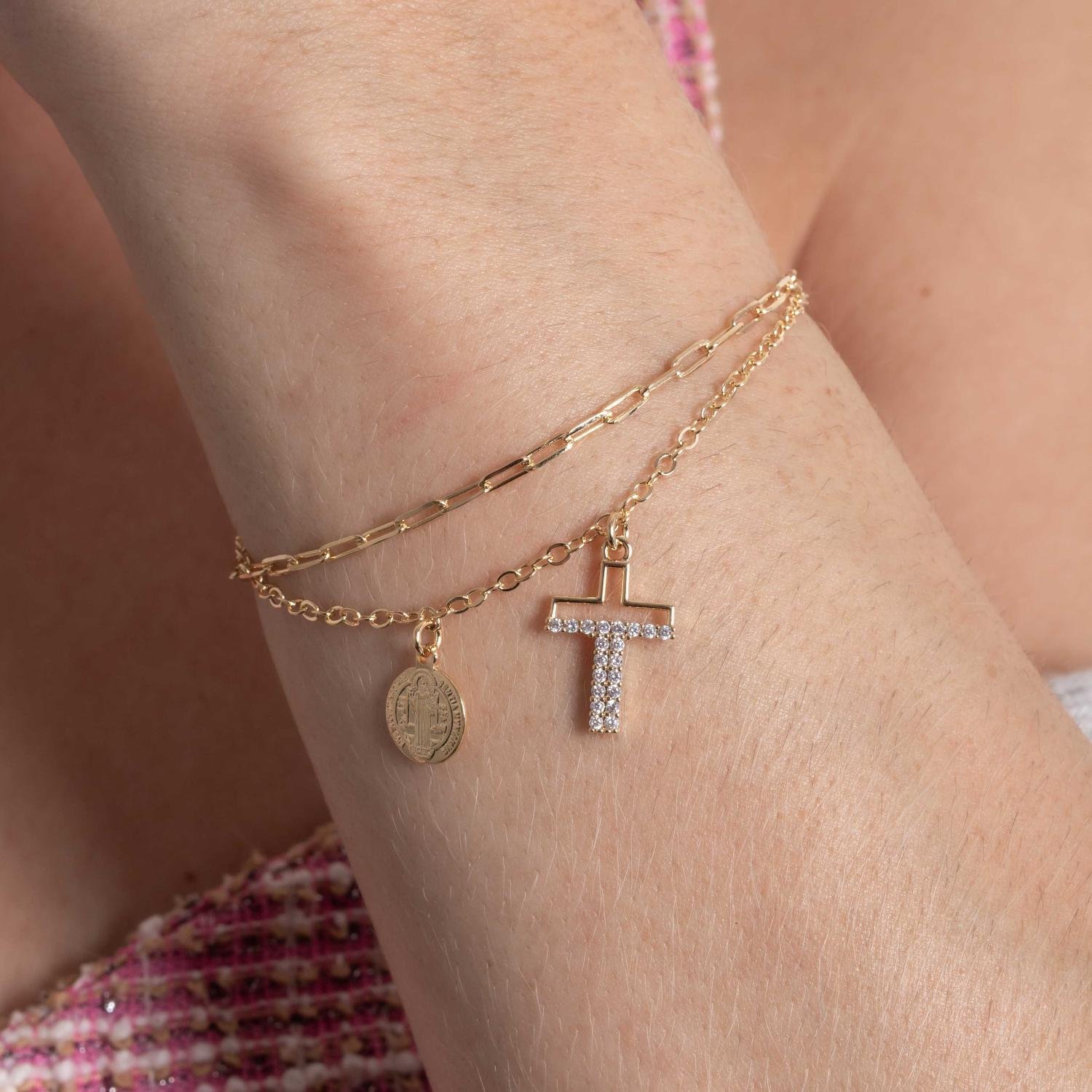 Pst-5368-Fo Pulseira Dupla De Elos Com Pingentes De Cruz E Medalha De São Bento Cristal.