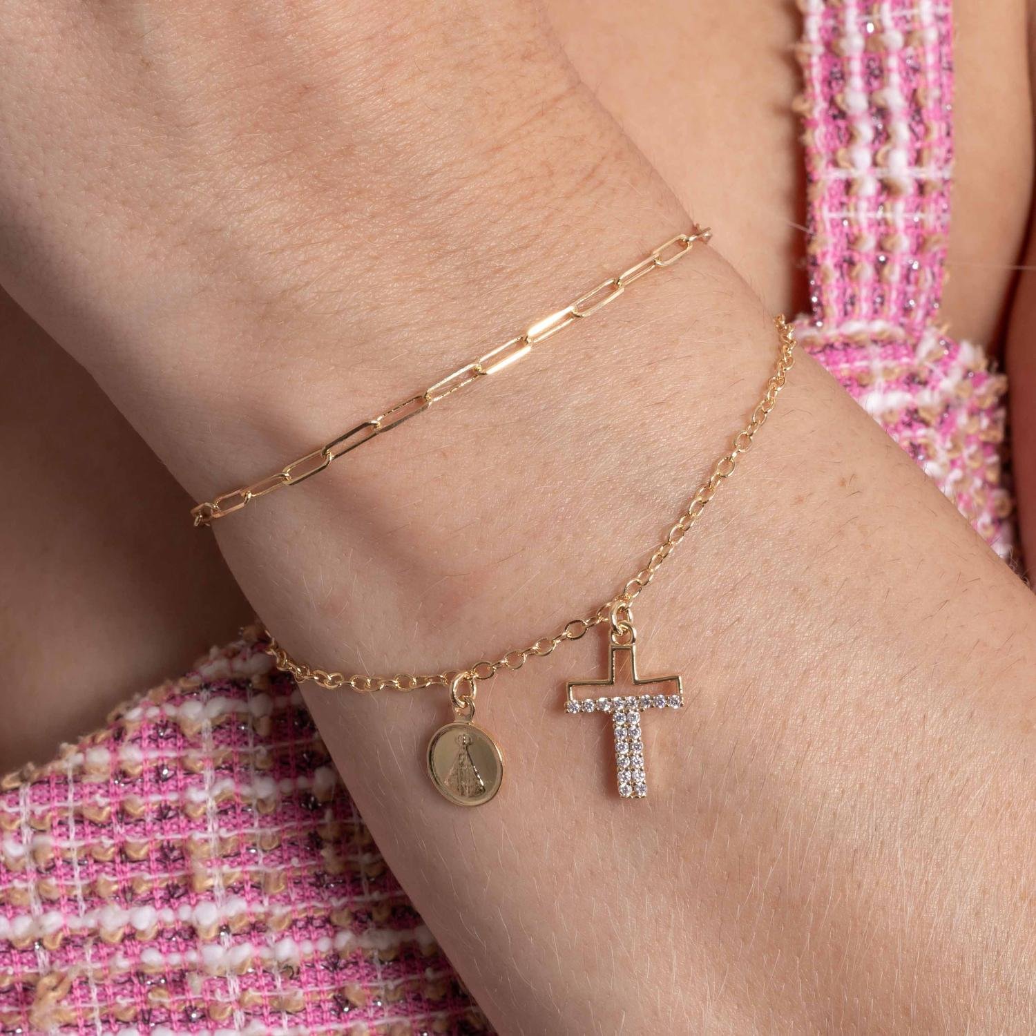 Pst-5371-Fo Pulseira Dupla De Elos E Pingentes De Nossa Senhora Aparecida E Cruz Cristal.
