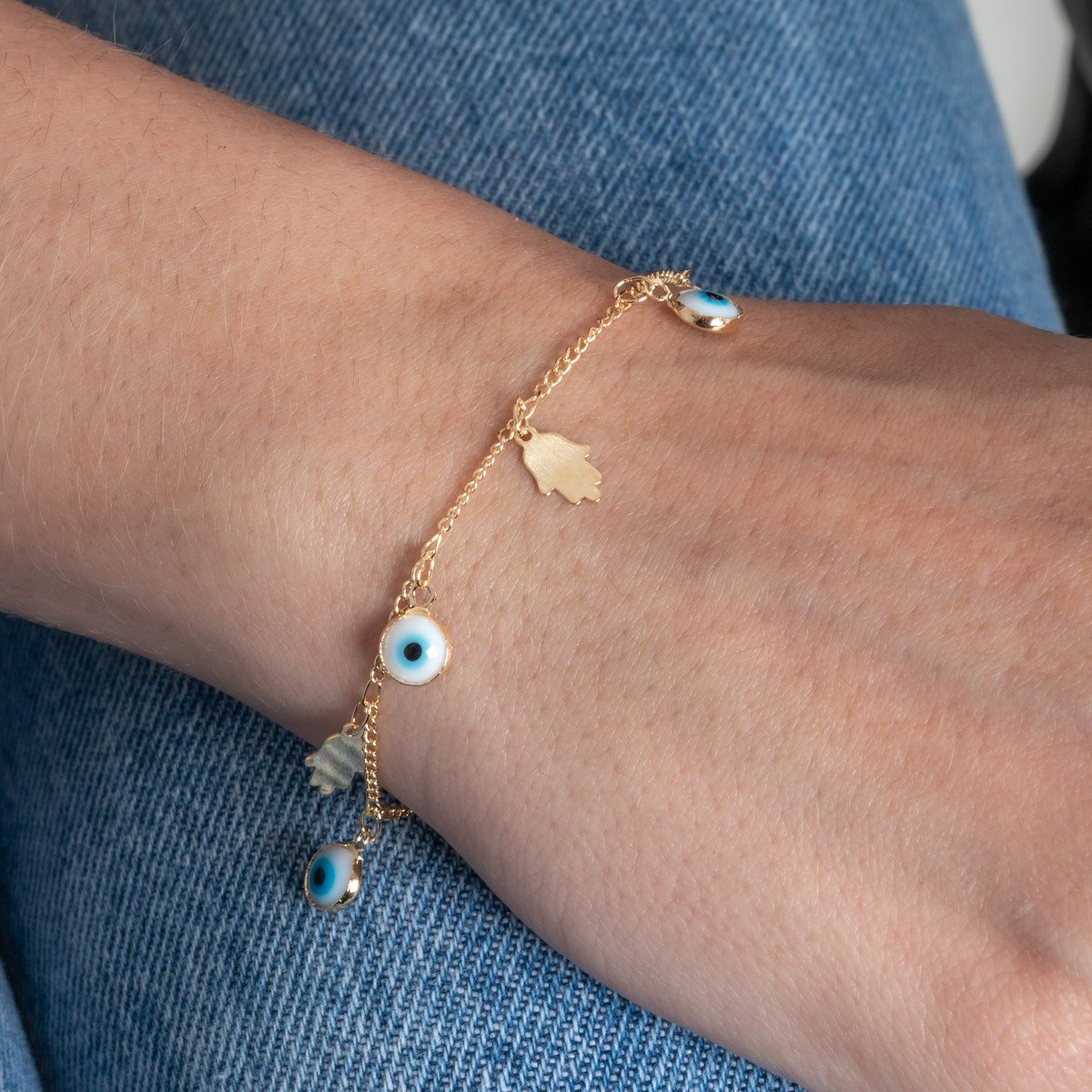 Pst-5399-Fo Pulseira Mão De Fátima E Olho Grego.