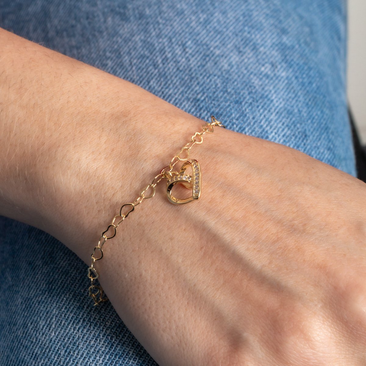 Pst-5423-Fo Pulseira Elos De Corações Com Pingente De Coração Cristal.