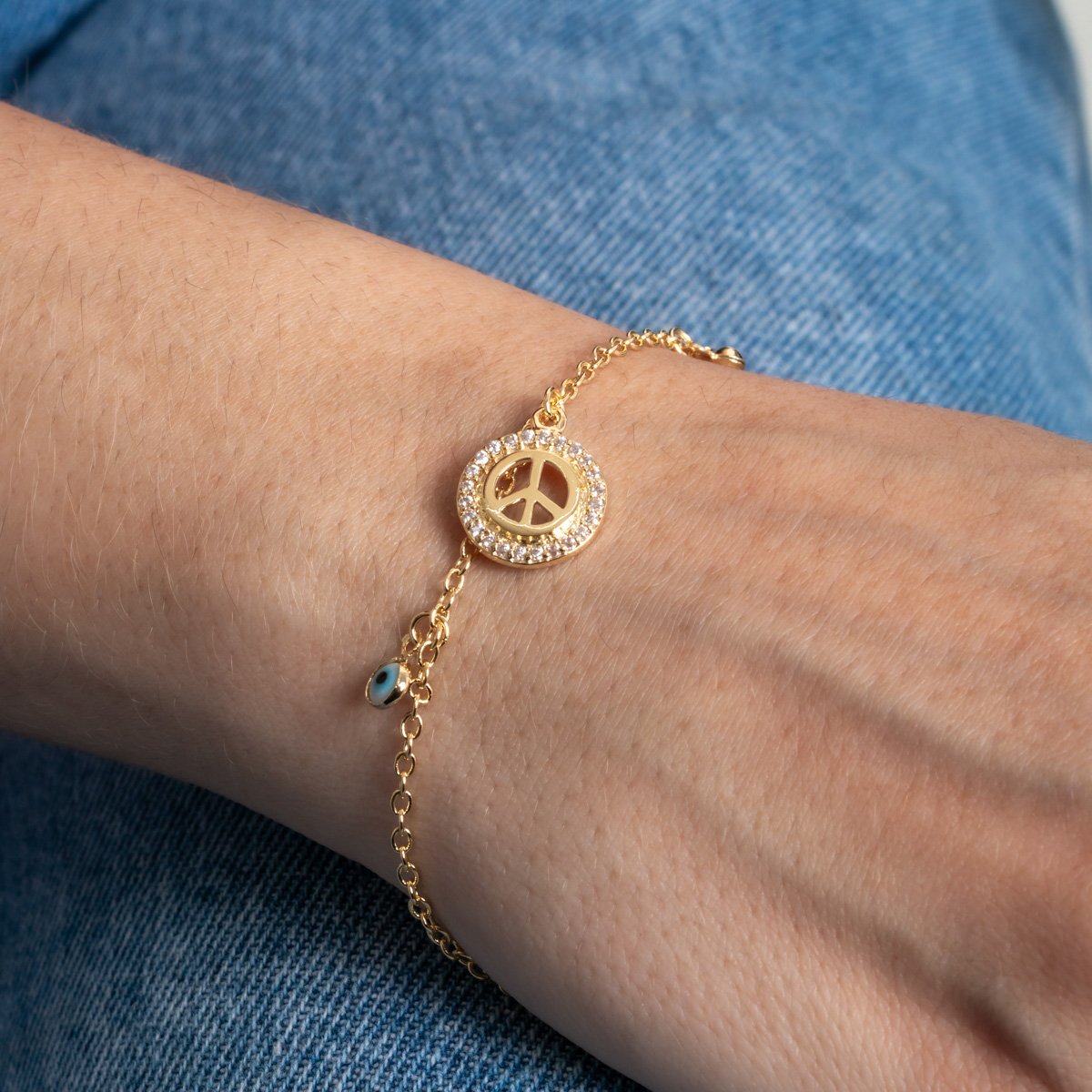 Pst-5432-Fo Pulseira Com Pingentes De Coração, Símbulo Da Paz E Olho Grego Cristal.