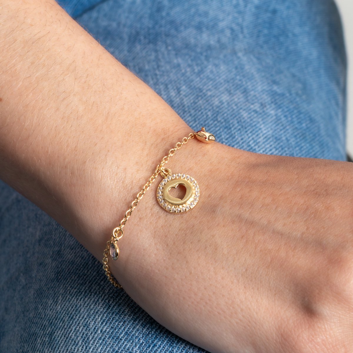 Pst-5435-Fo Pulseira Com Pingentes De Coração, Zircônia Cristal E Plaquinha De Coração.