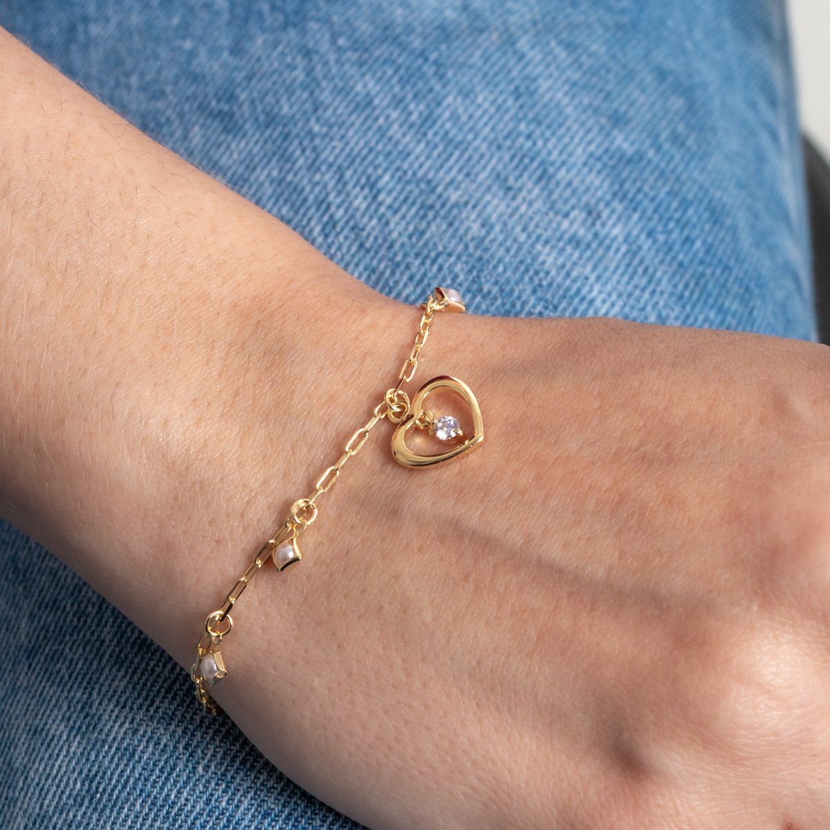 Pst-5440-Fo Pulseira De Elos Com Pingentes De Pérolas E Coração Cristal.