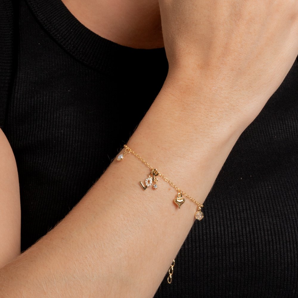 Psti-5461-Fo Pulseira Love Cravejado Com Corações E Pérola. 