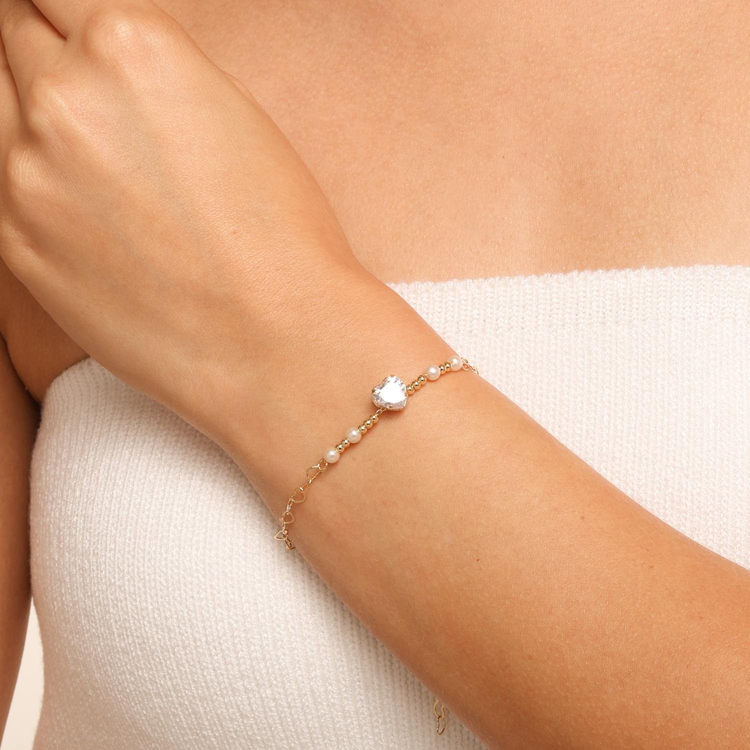 Pst-5619-Fo Pulseira elos coração zircônia central e pérolas