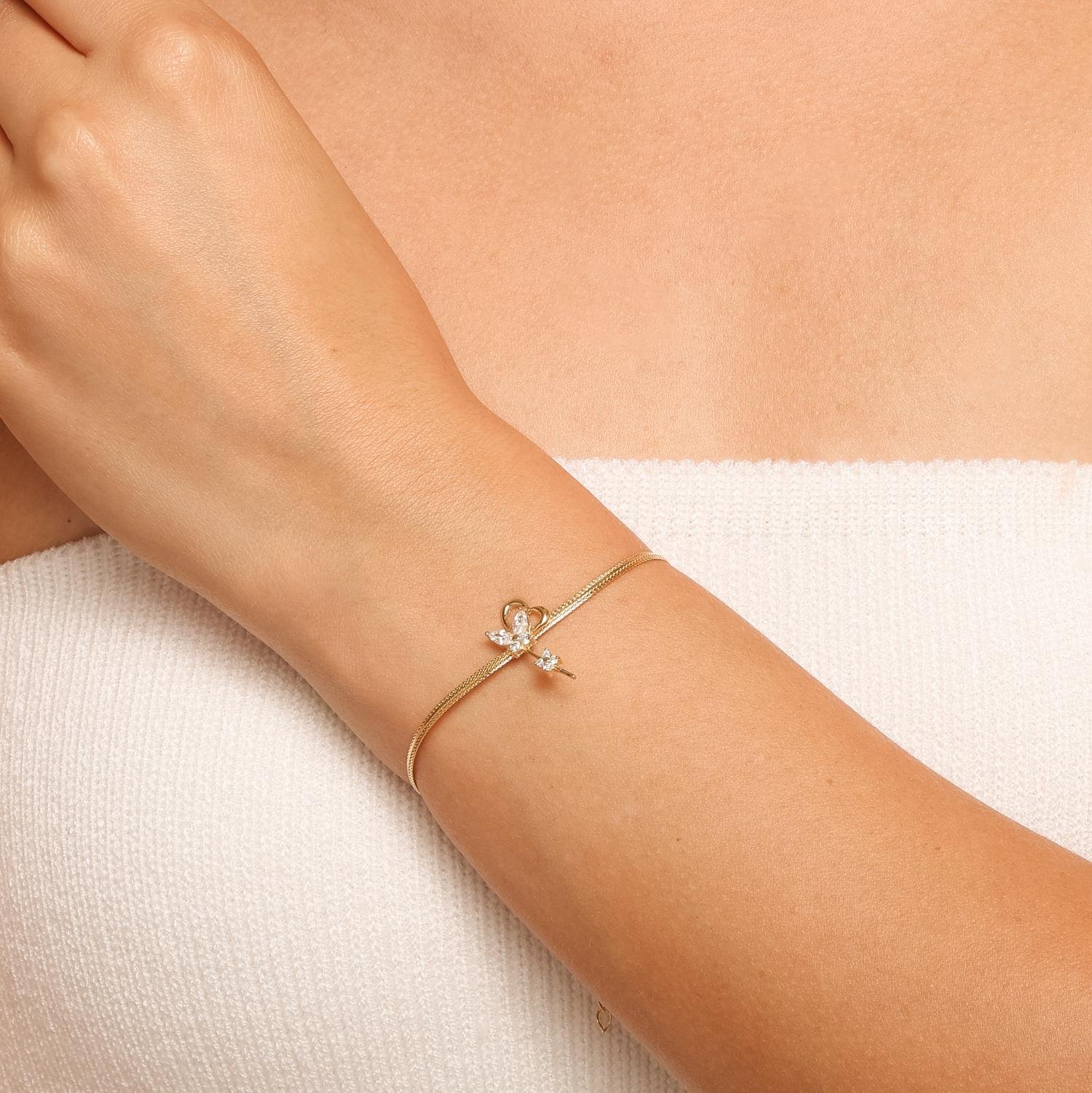 Pst-5621-Fo Pulseira malha fina pingente borboleta em zircônia e coração