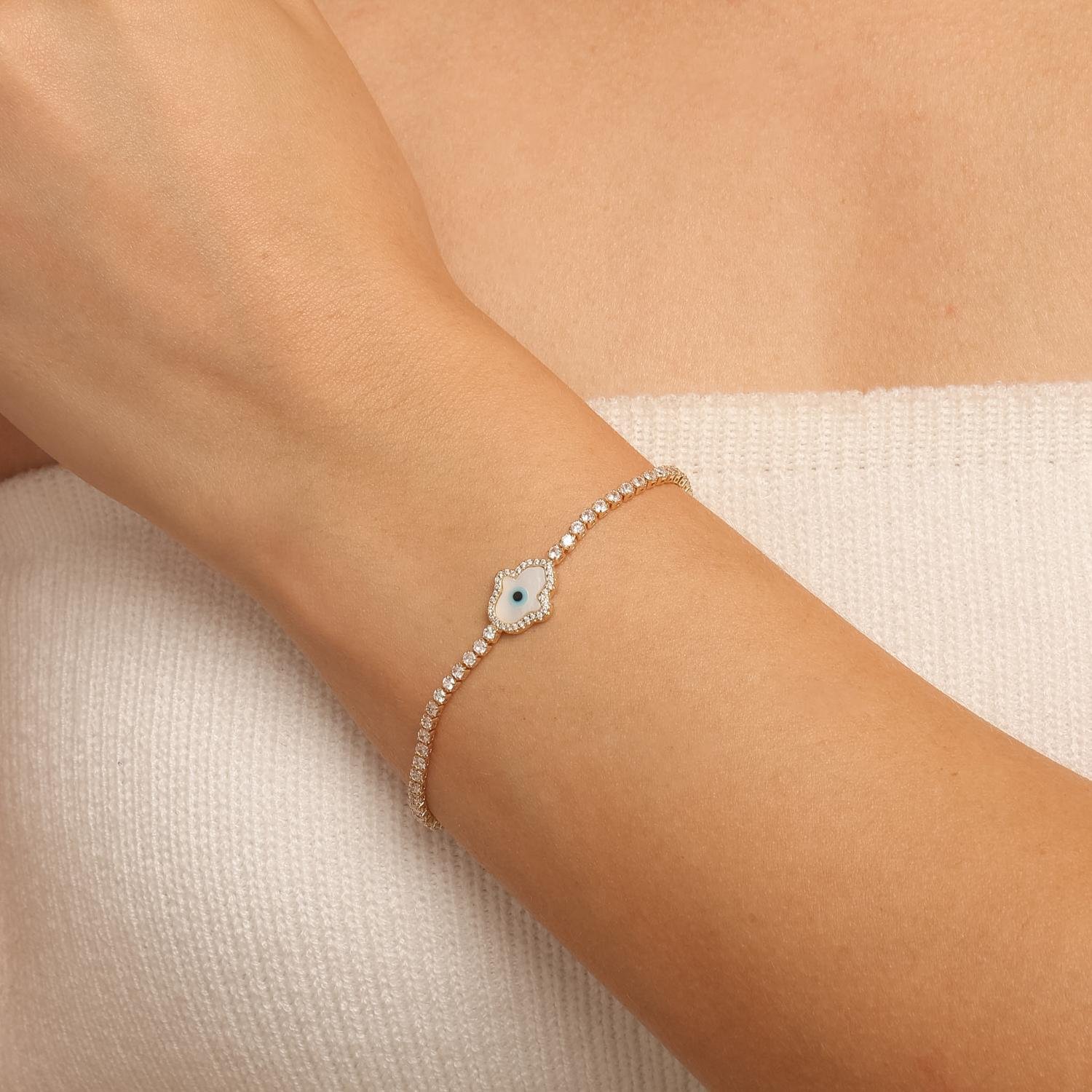 Pst-5631-Fo Pulseira Riviera Delicada Hamsá com Olho Grego Madrepérola