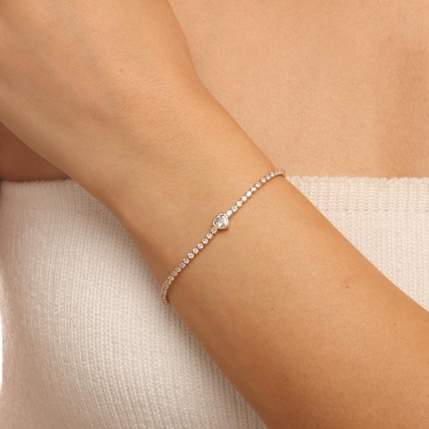 Pst-5633-Fo Pulseira Riviera Delicada com Coração Central Cristal