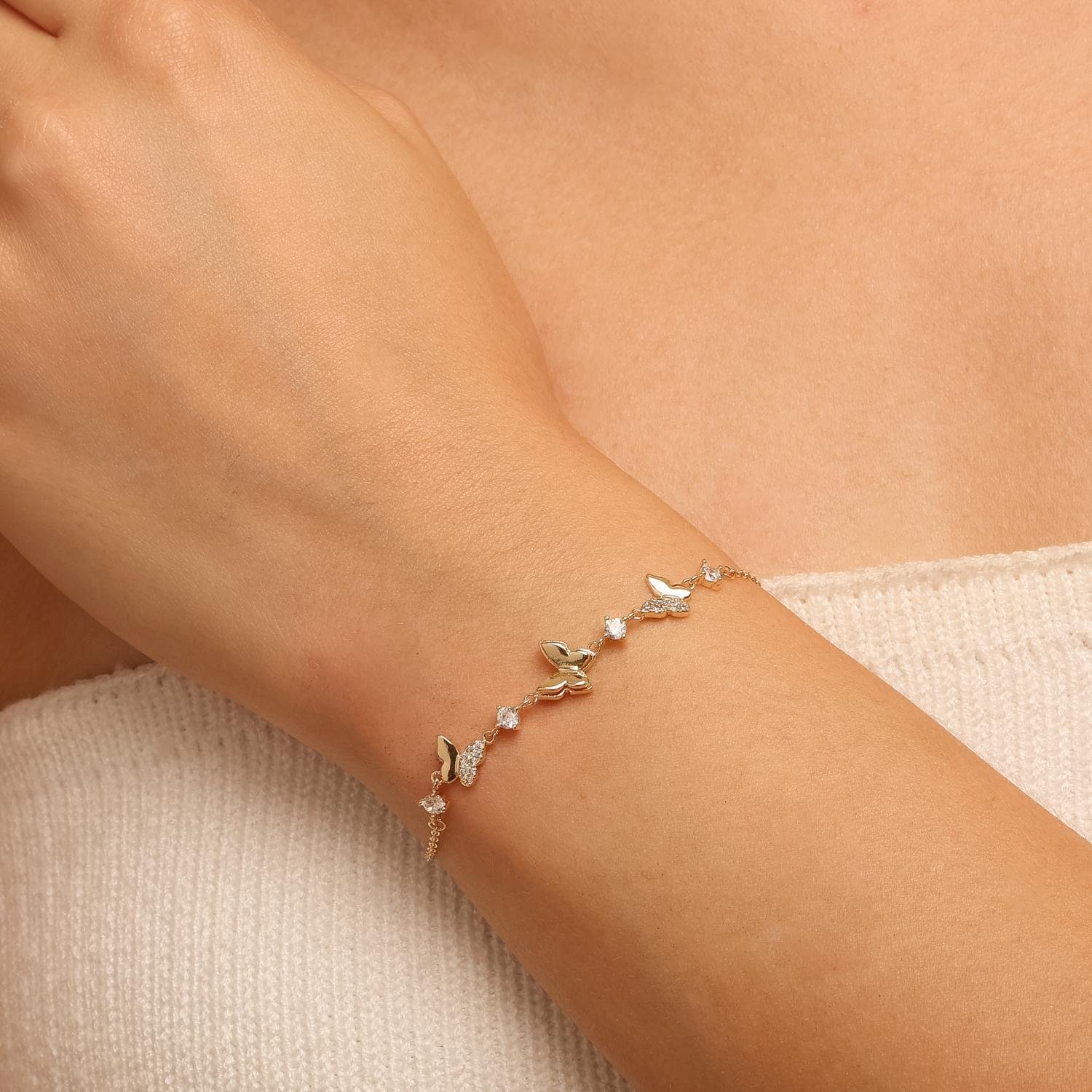 Pst-5640-Fo Pulseira Feminina Delicada com Borboletas Cravejadas