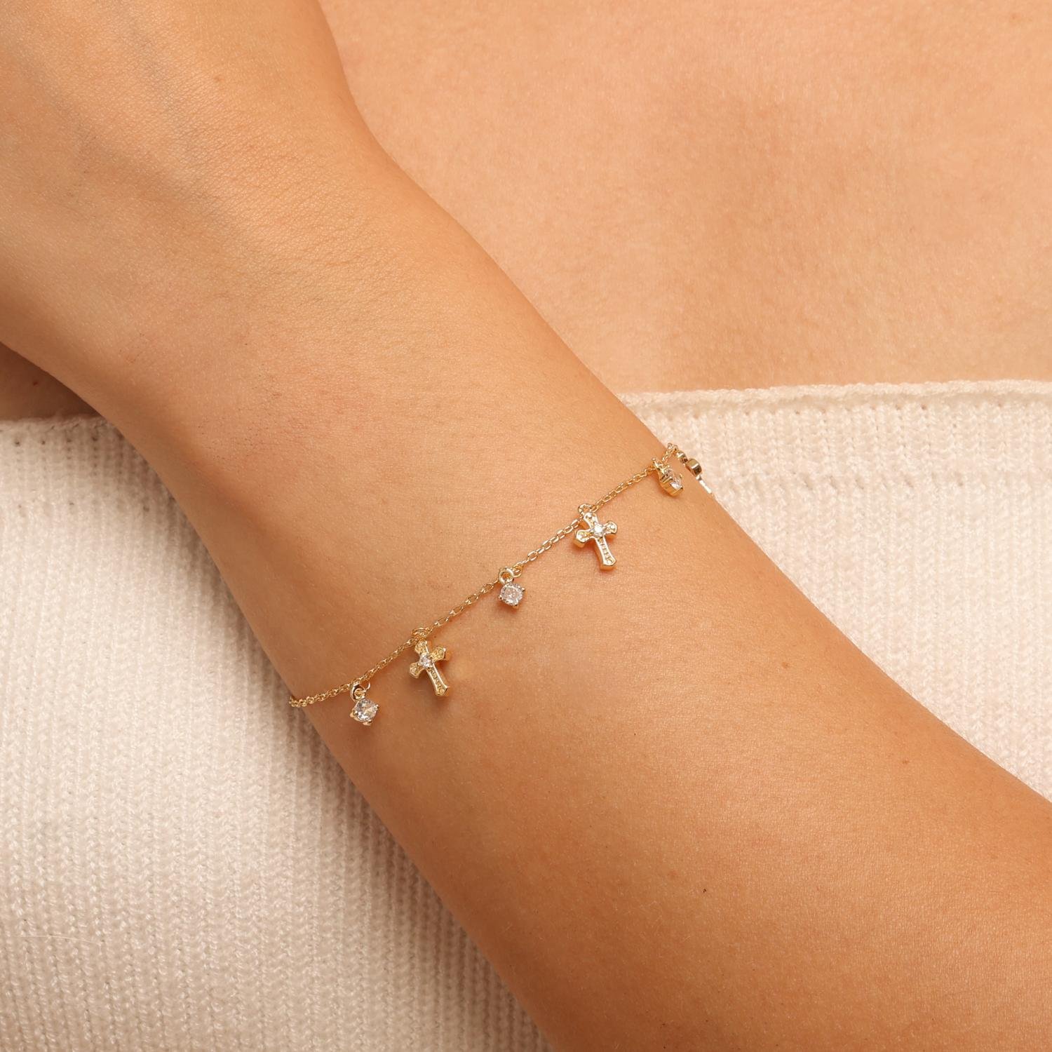 Pst-5642-Fo Pulseira Religiosa Pingente Cruz e Pontos de Luz 